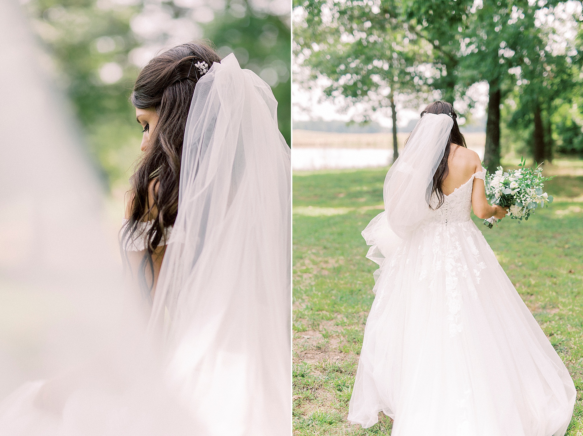 bride shows off veil before The Farmstead wedding