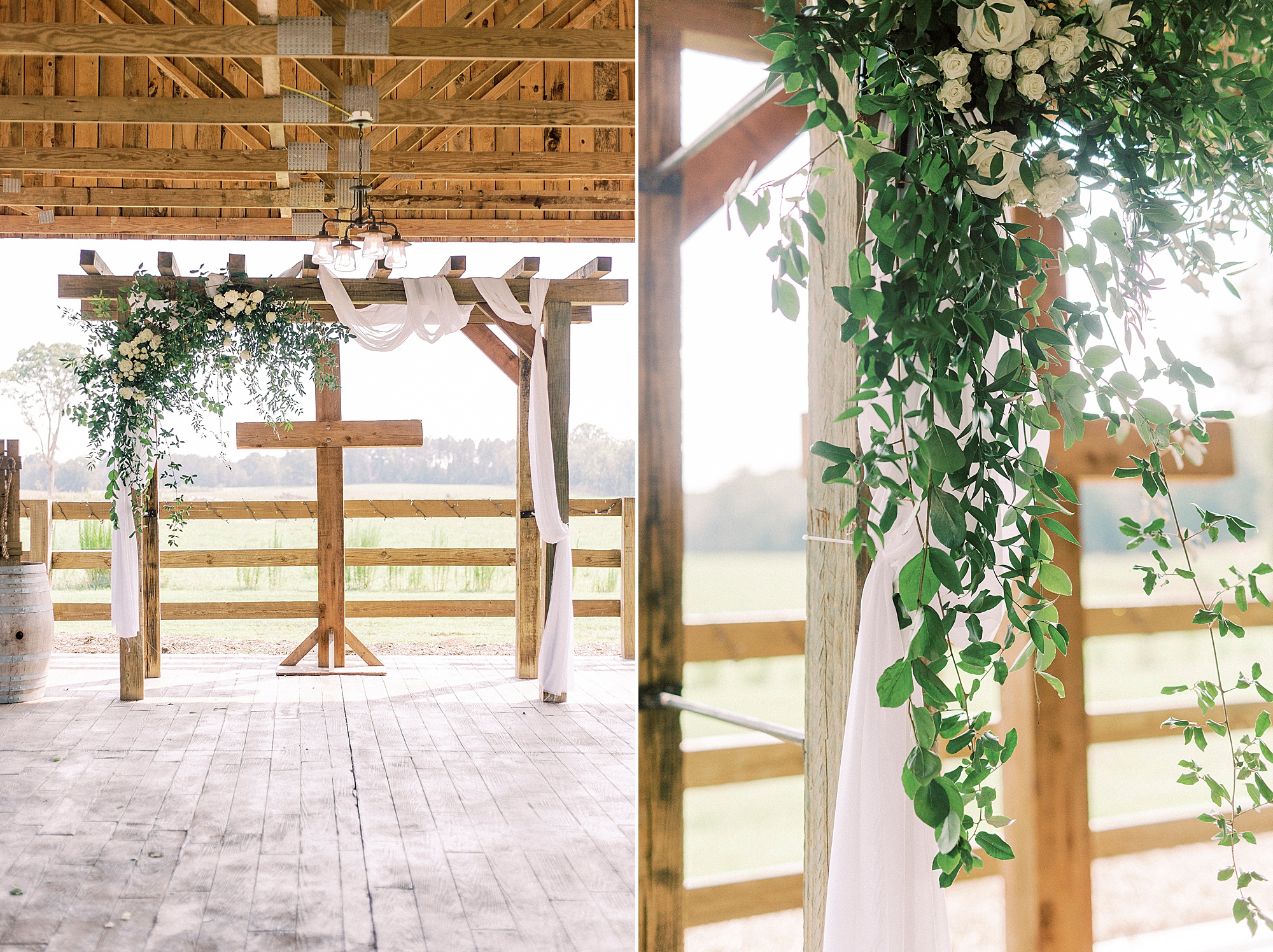 rustic wedding ceremony by wooden cross at The Farmstead