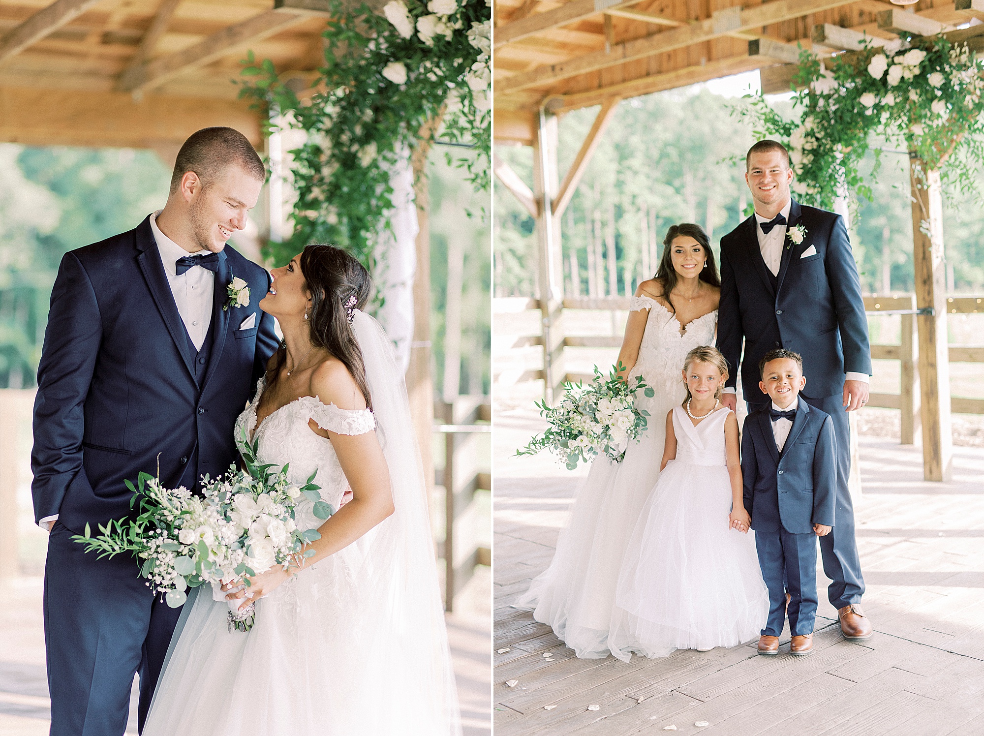 newlyweds pose with ring bearer and flower girl