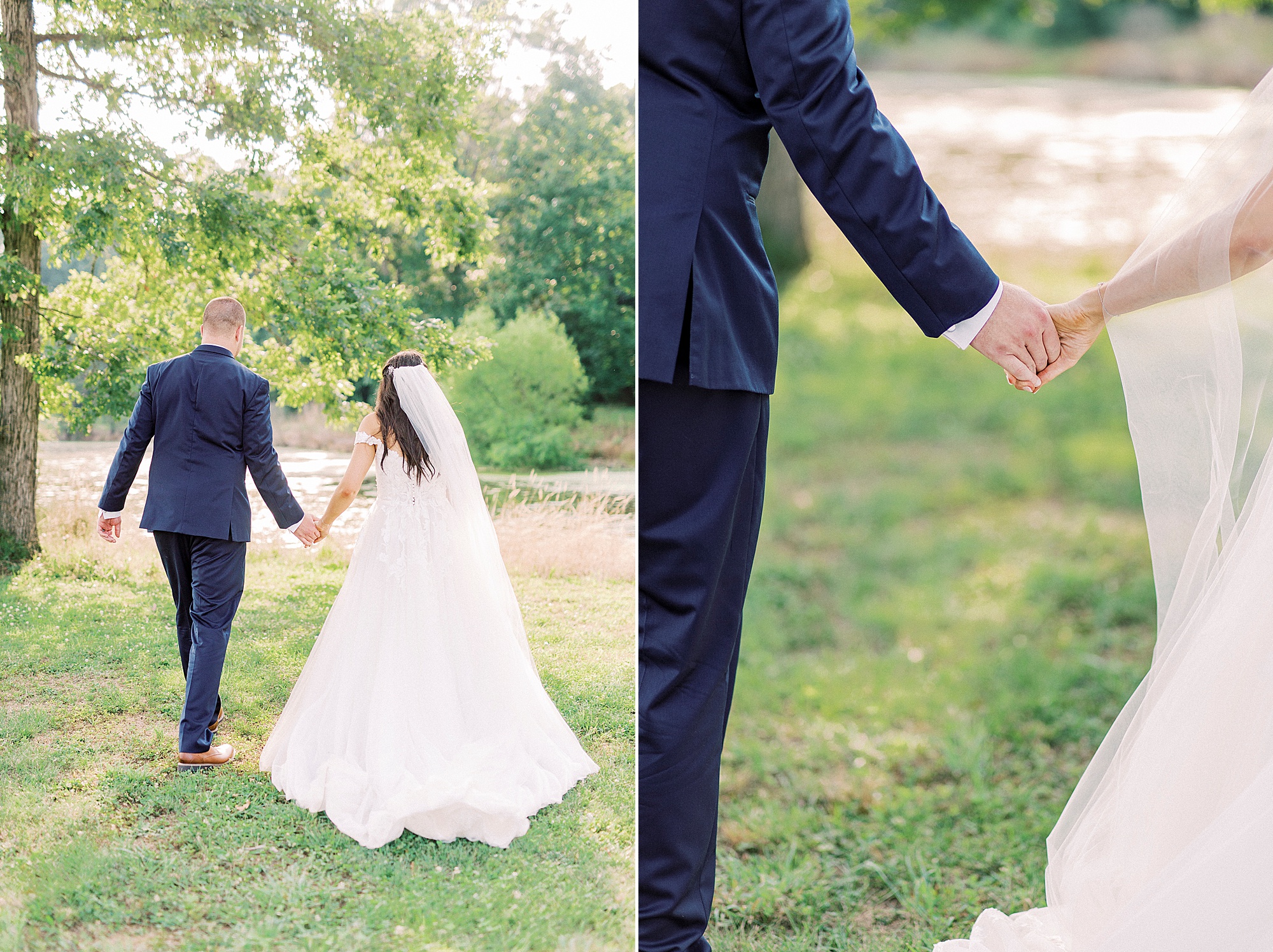 bride and groom hold hands walking through The Farmstead