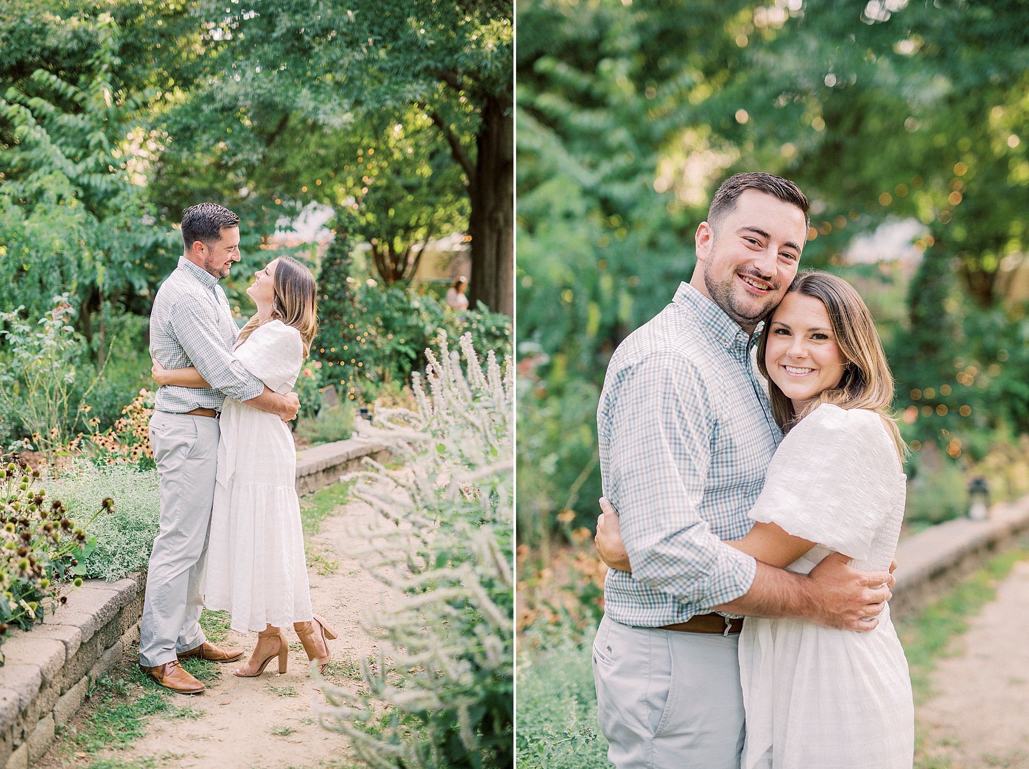 couple hugs in garden during engagement session