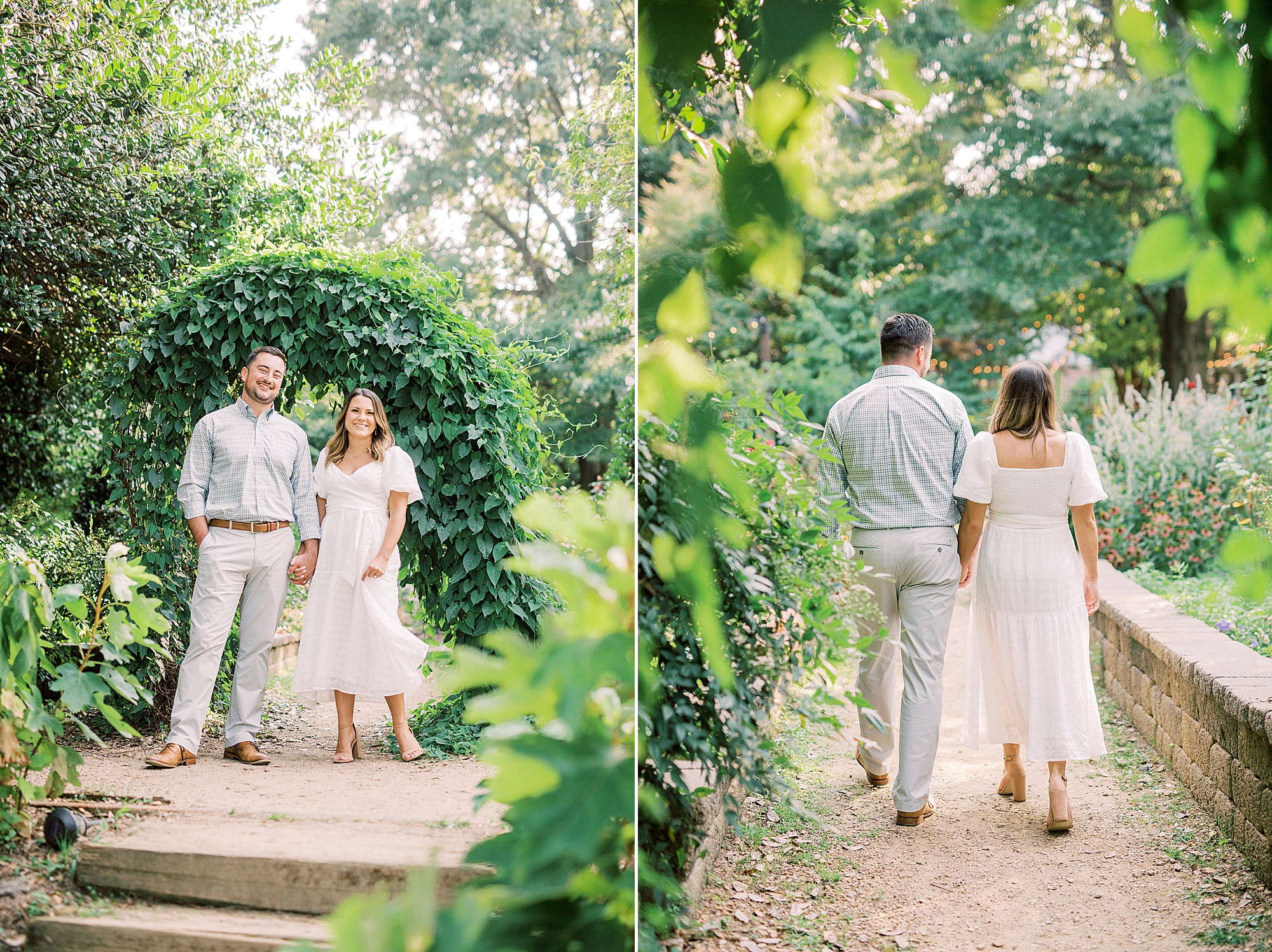 couple walks through McGill Rose Garden during engagement session