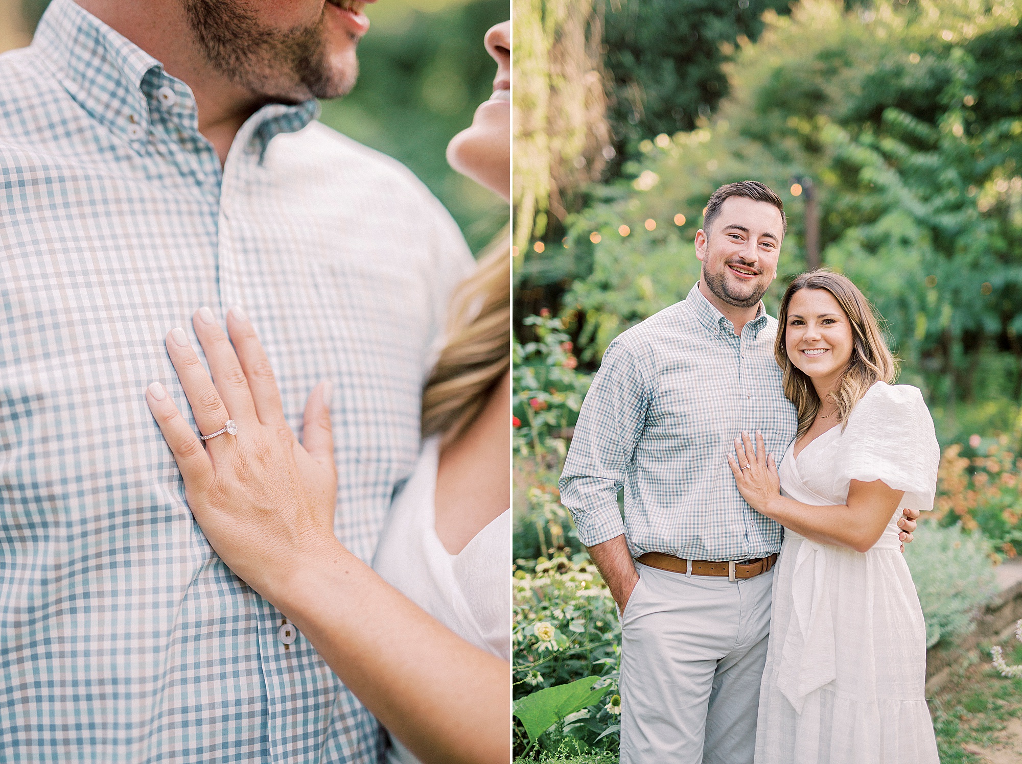 bride lays hand on groom's chest during McGill Rose Garden engagement session