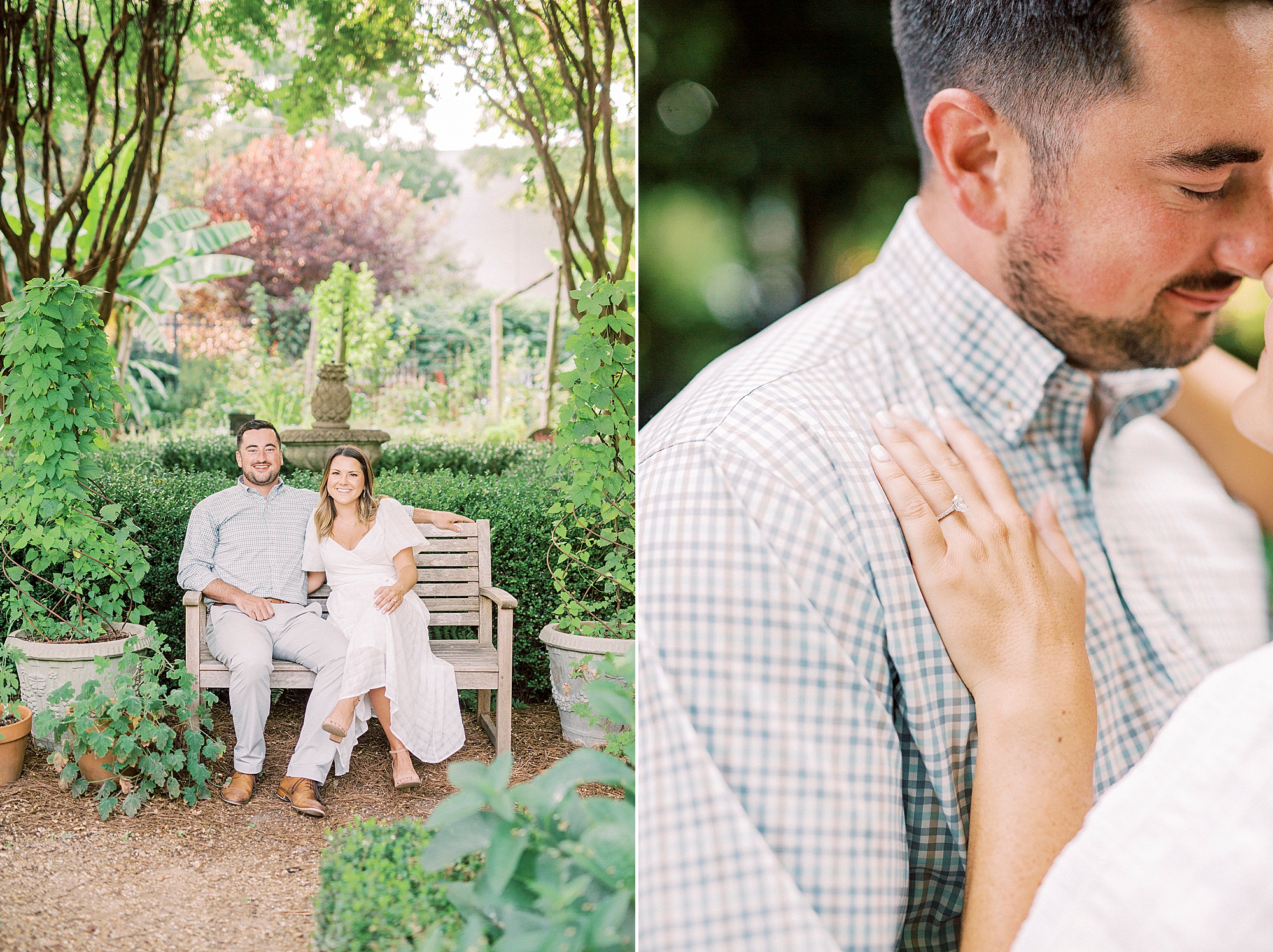 bride and groom sit on bench during Charlotte NC engagement photos