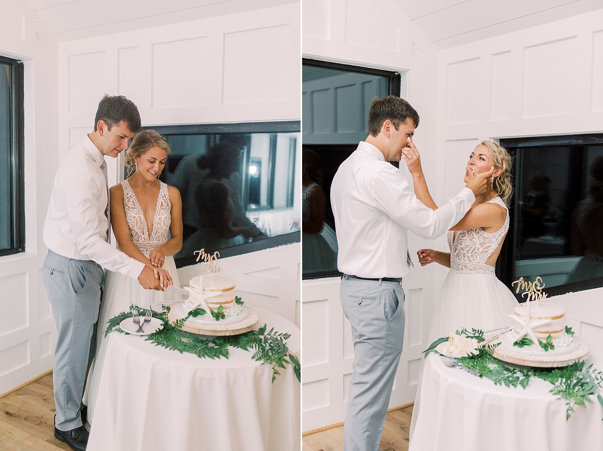 bride and groom cut wedding cake at Oceanic Restaurant