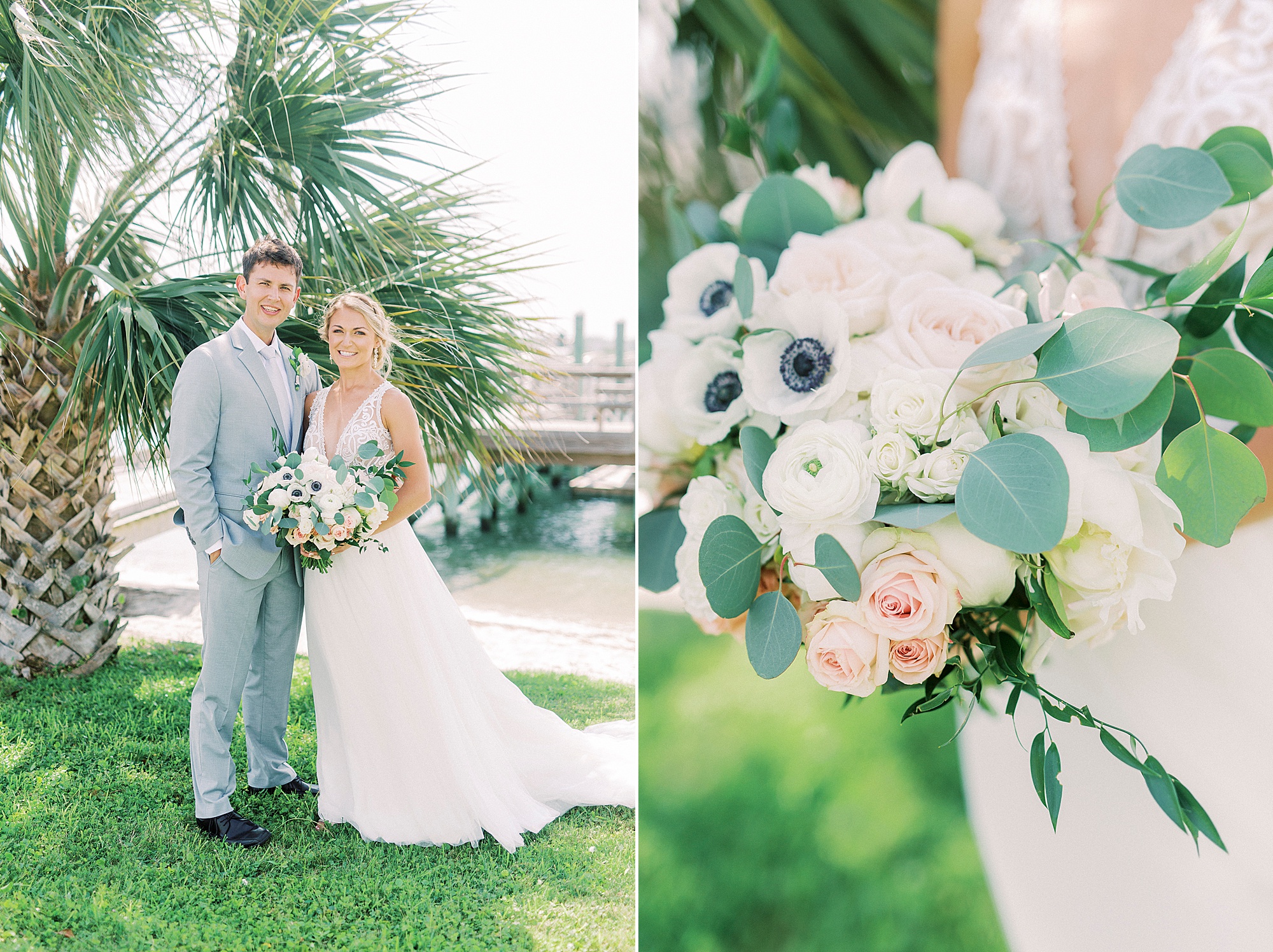 bride and groom pose by waterfront in Wrightsville Beach