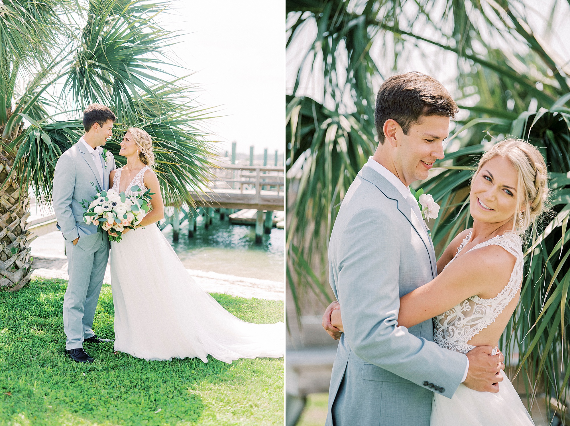 bride and groom pose by palm trees during Wrightsville Beach wedding photos