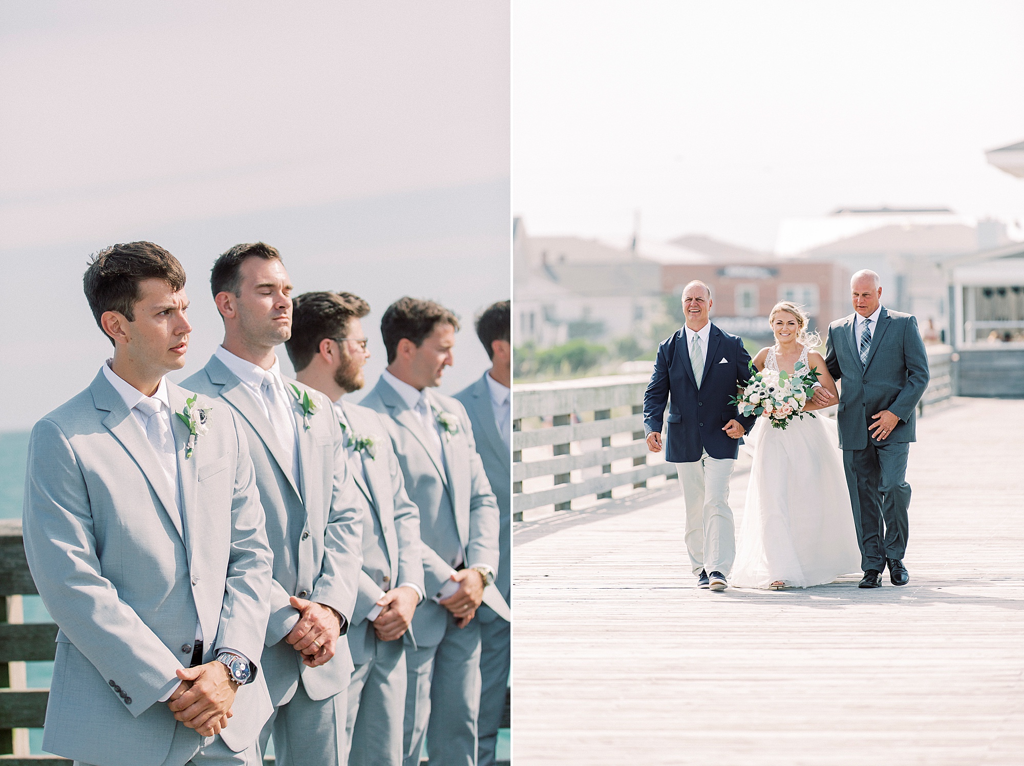 groom watches bride walk down aisle during waterfront wedding ceremony in Wrightsville Beach