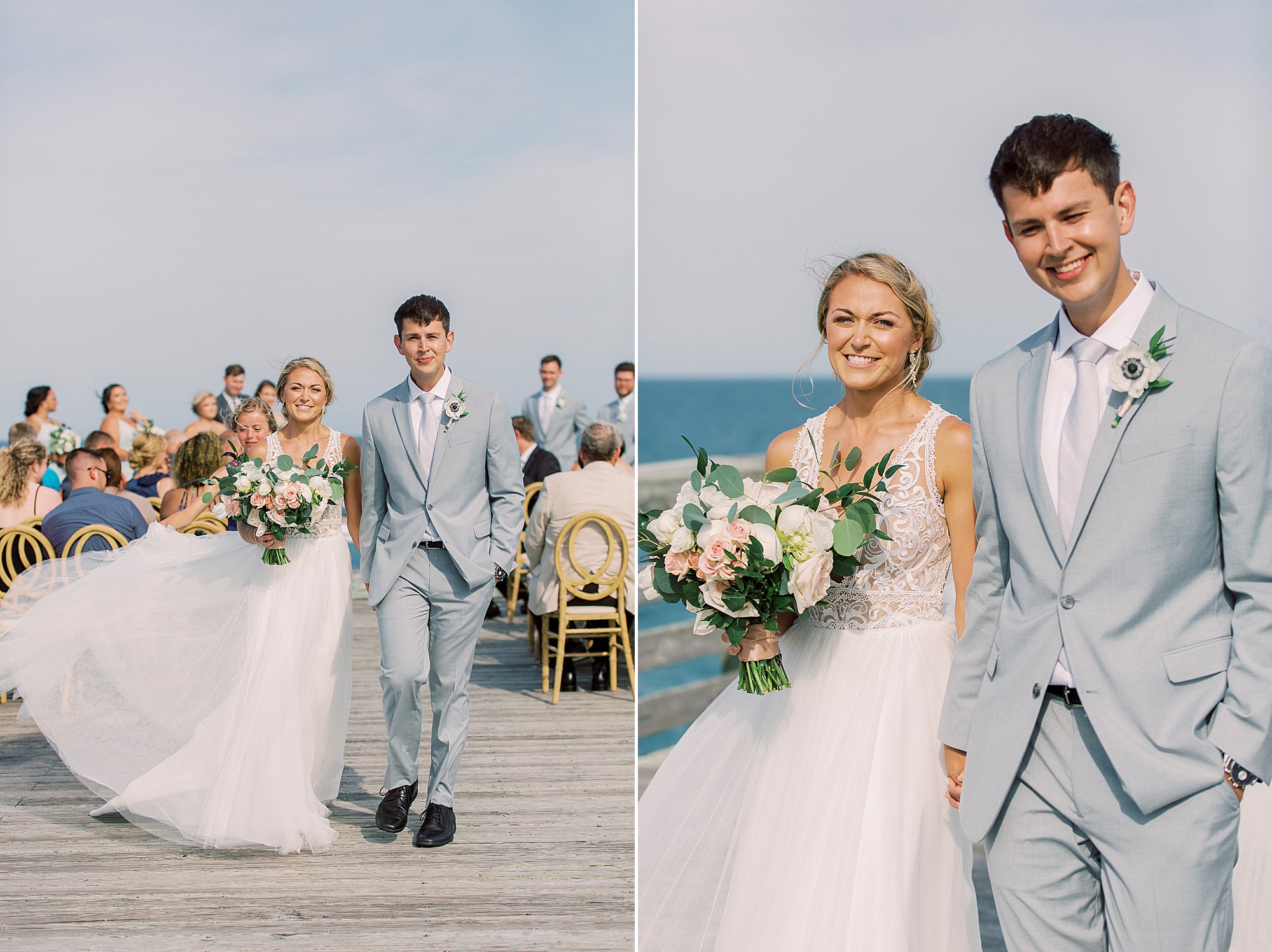 newlyweds leave waterfront wedding ceremony in Wrightsville Beach