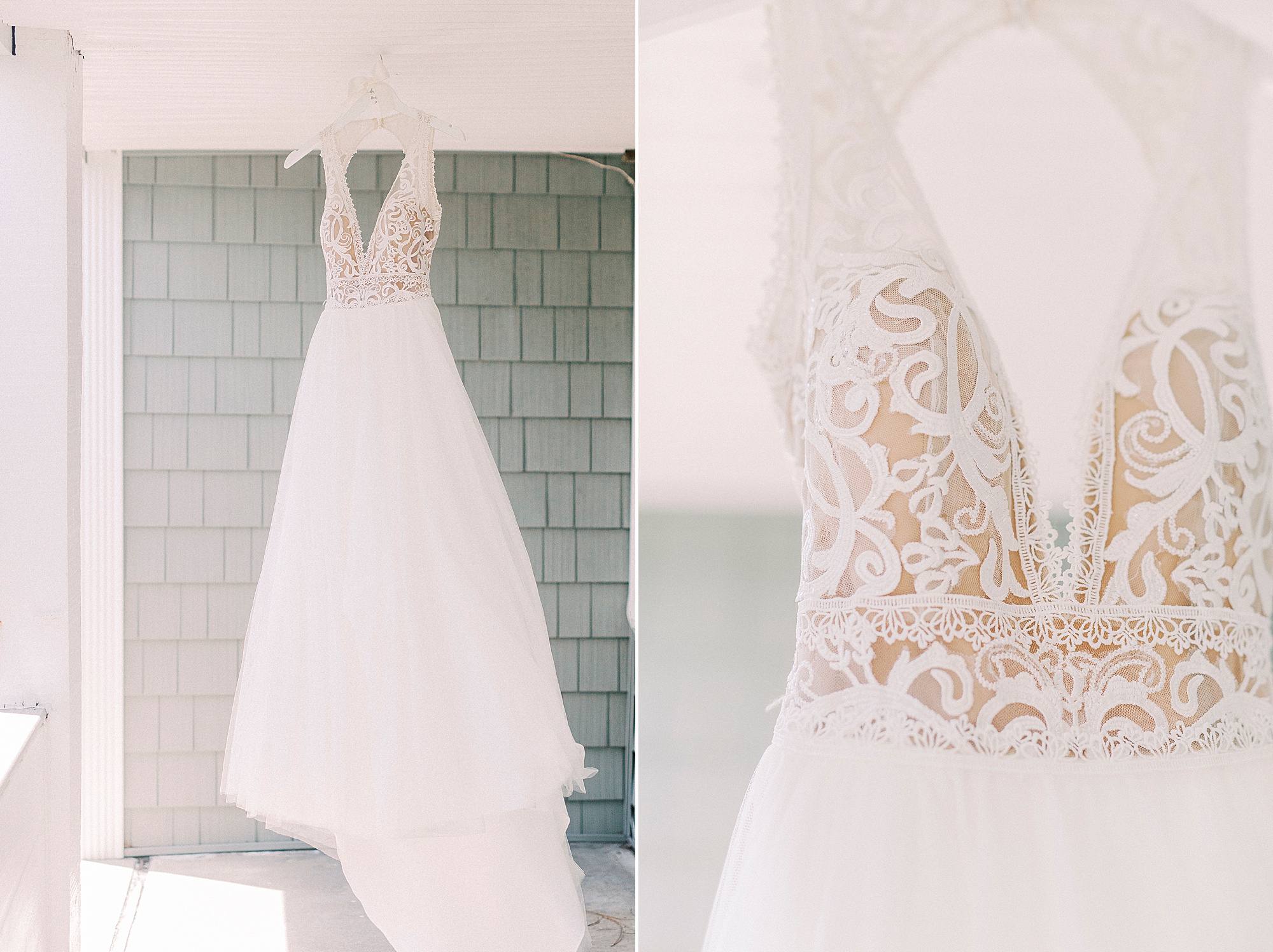 bride's wedding dress with lace detailing on top