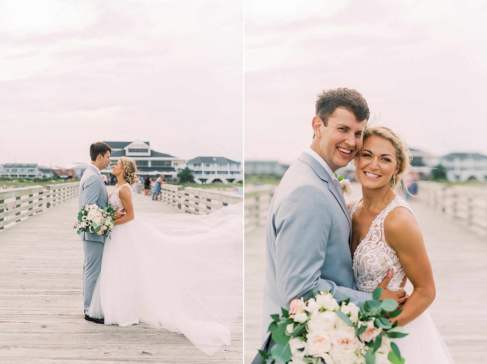 bride and groom pose on pier at Wrightsville Beach