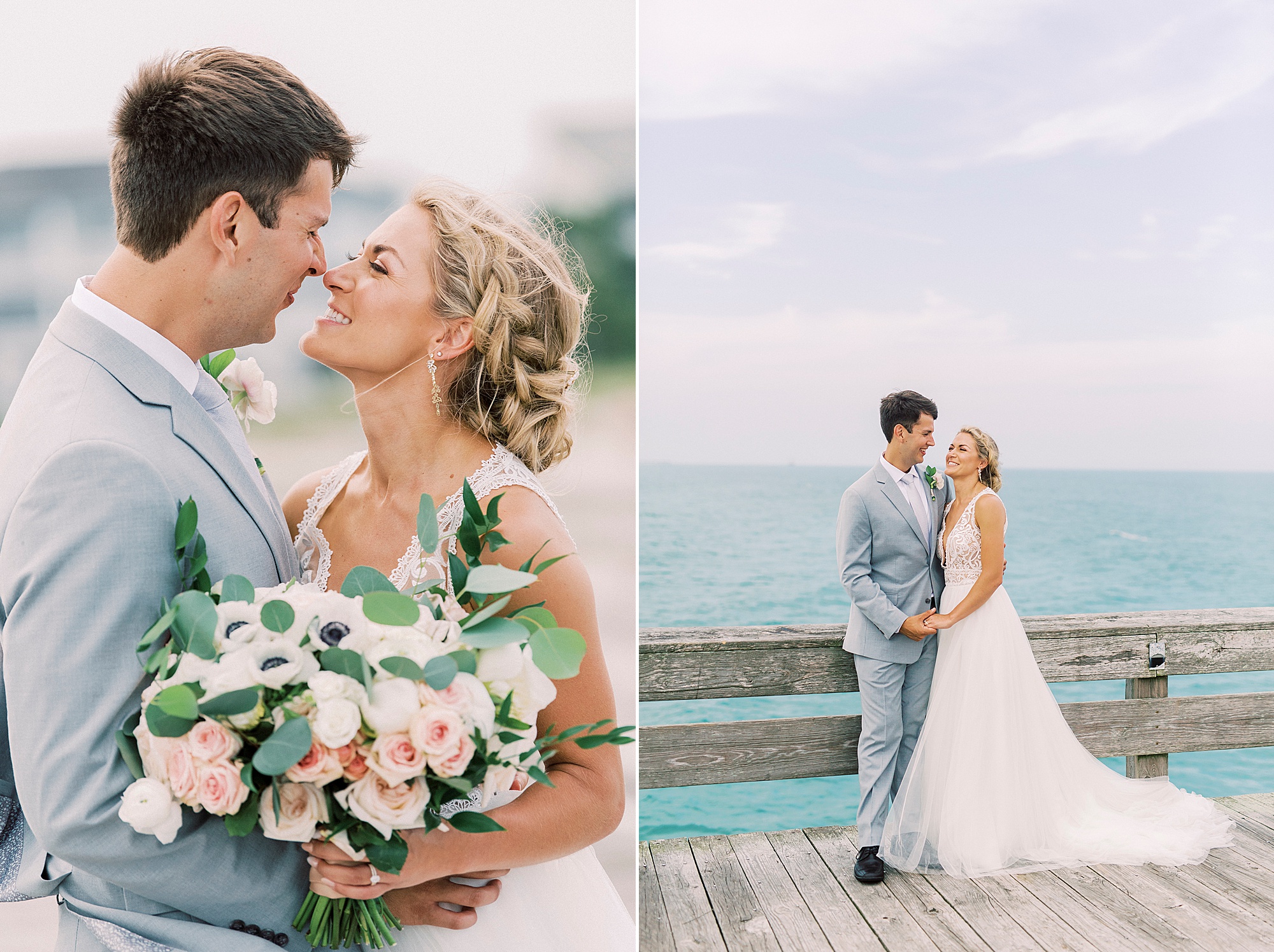 bride and groom smile at each other during portraits on pier at Wrightsville Beach