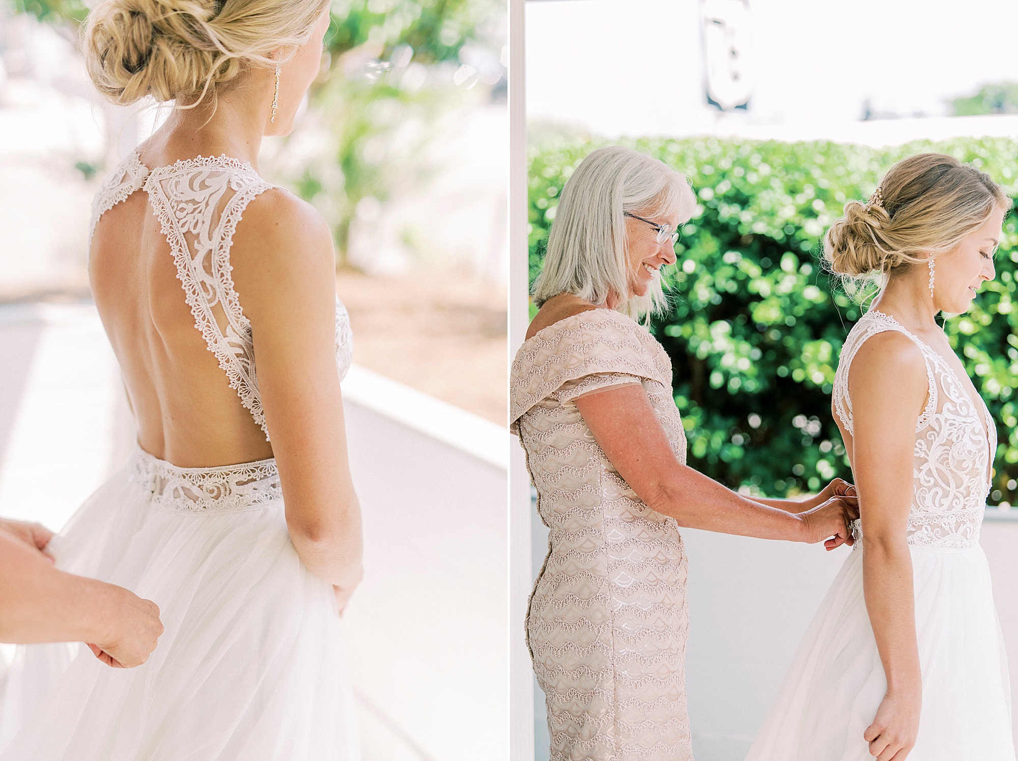 mother helps bride with dress on porch of condo in Wilmington NC
