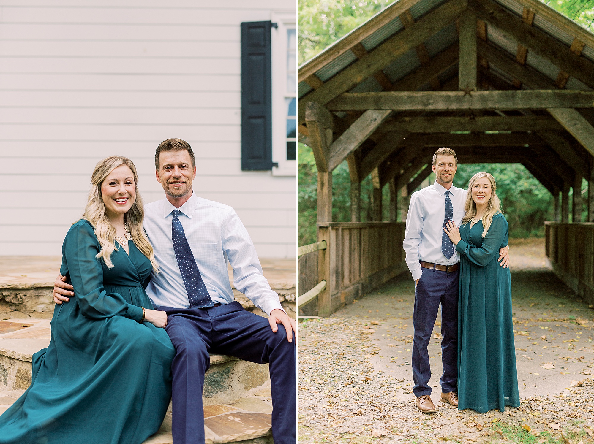 engaged couple stands by covered bridge