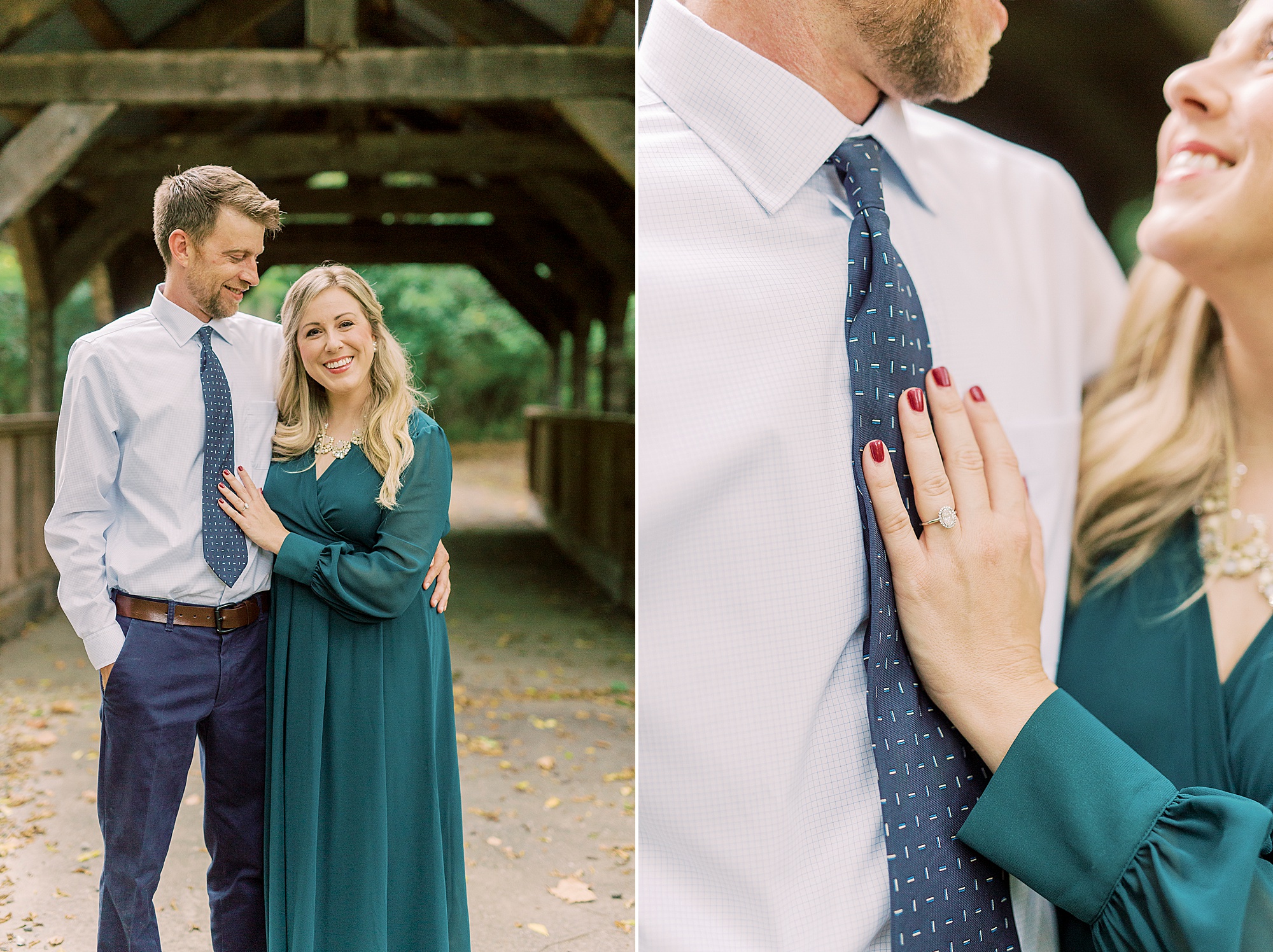 Vesuvius Vineyards engagement session with couple posing by covered bridge