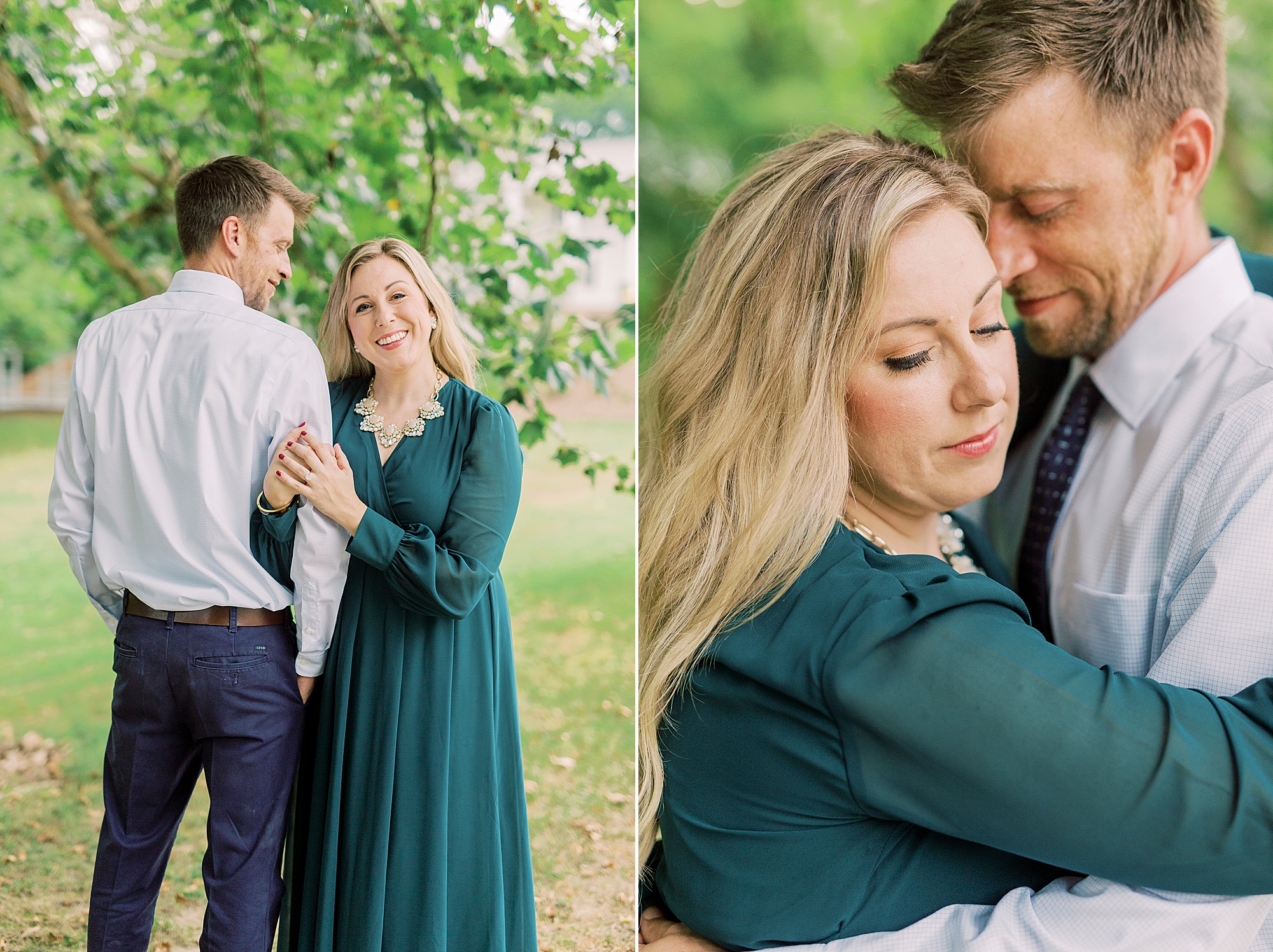 bride and groom hug during fall engagement photos