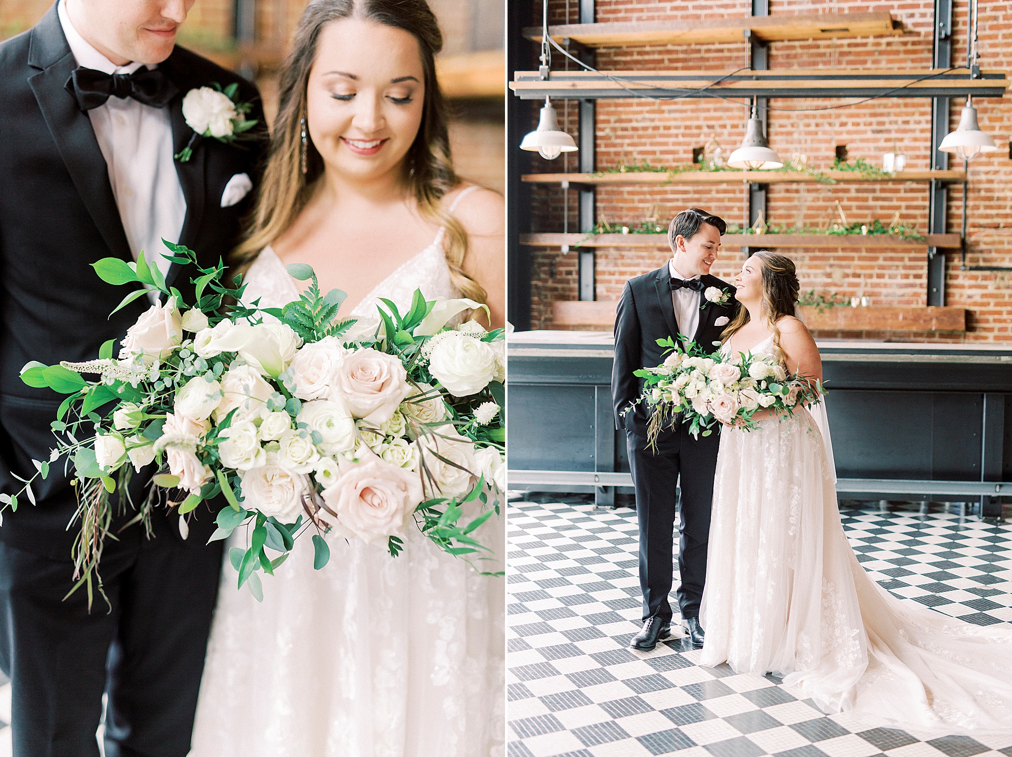 newlyweds pose together inside industrial wedding venue in NC