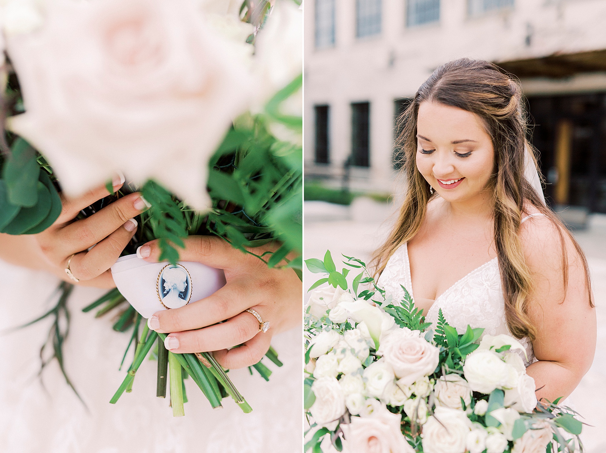 bride holds bouquet with brooch