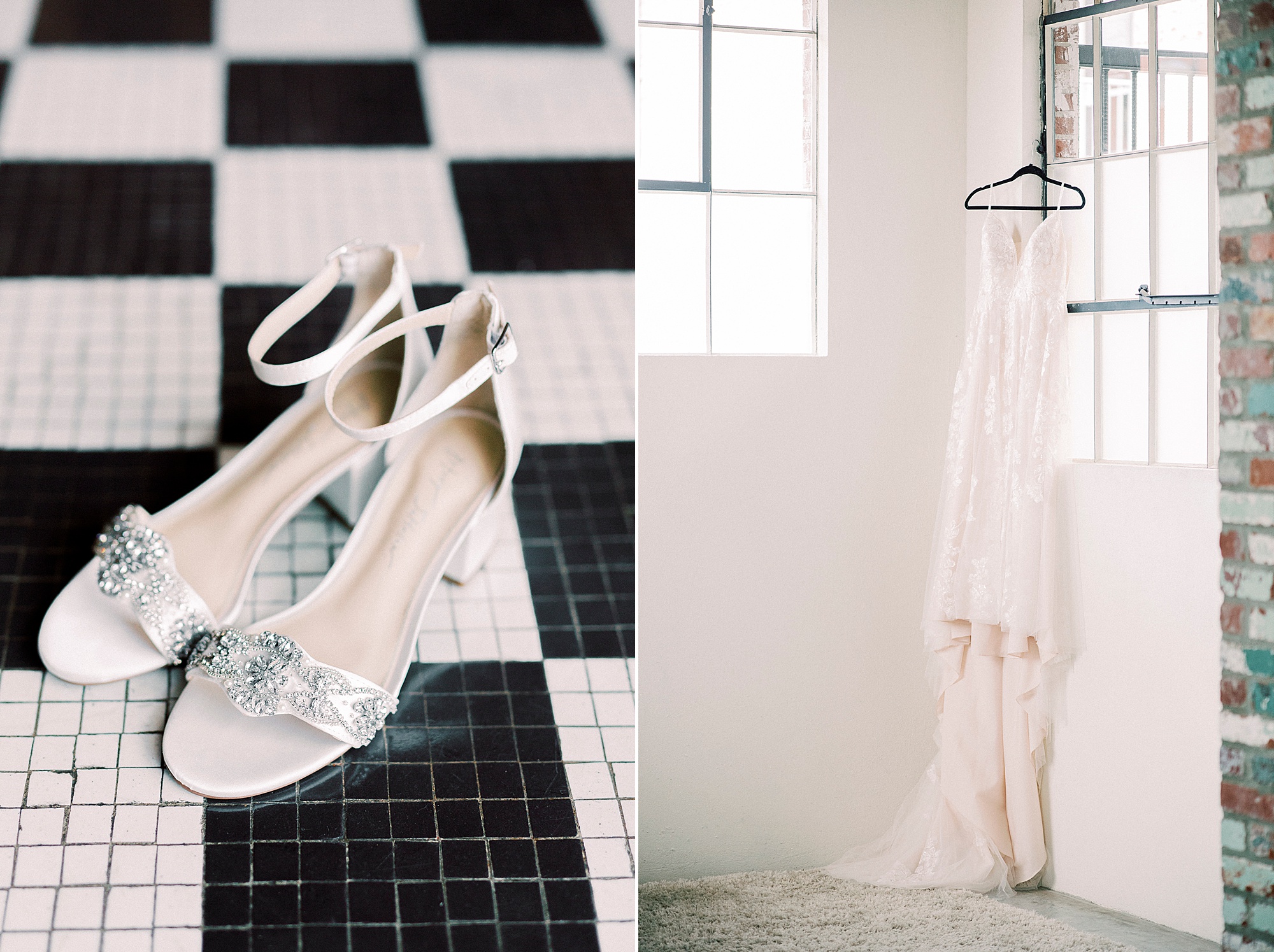 bride's dress and shoes for Cadillac Service Garage wedding