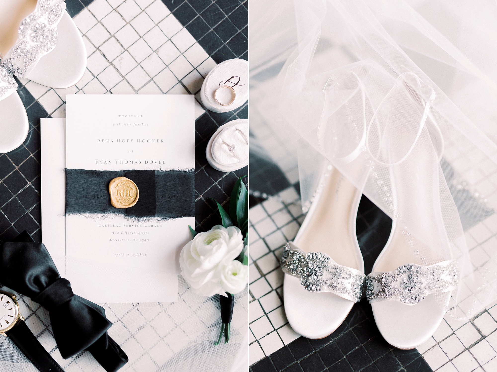 bride's black and white details for NC wedding