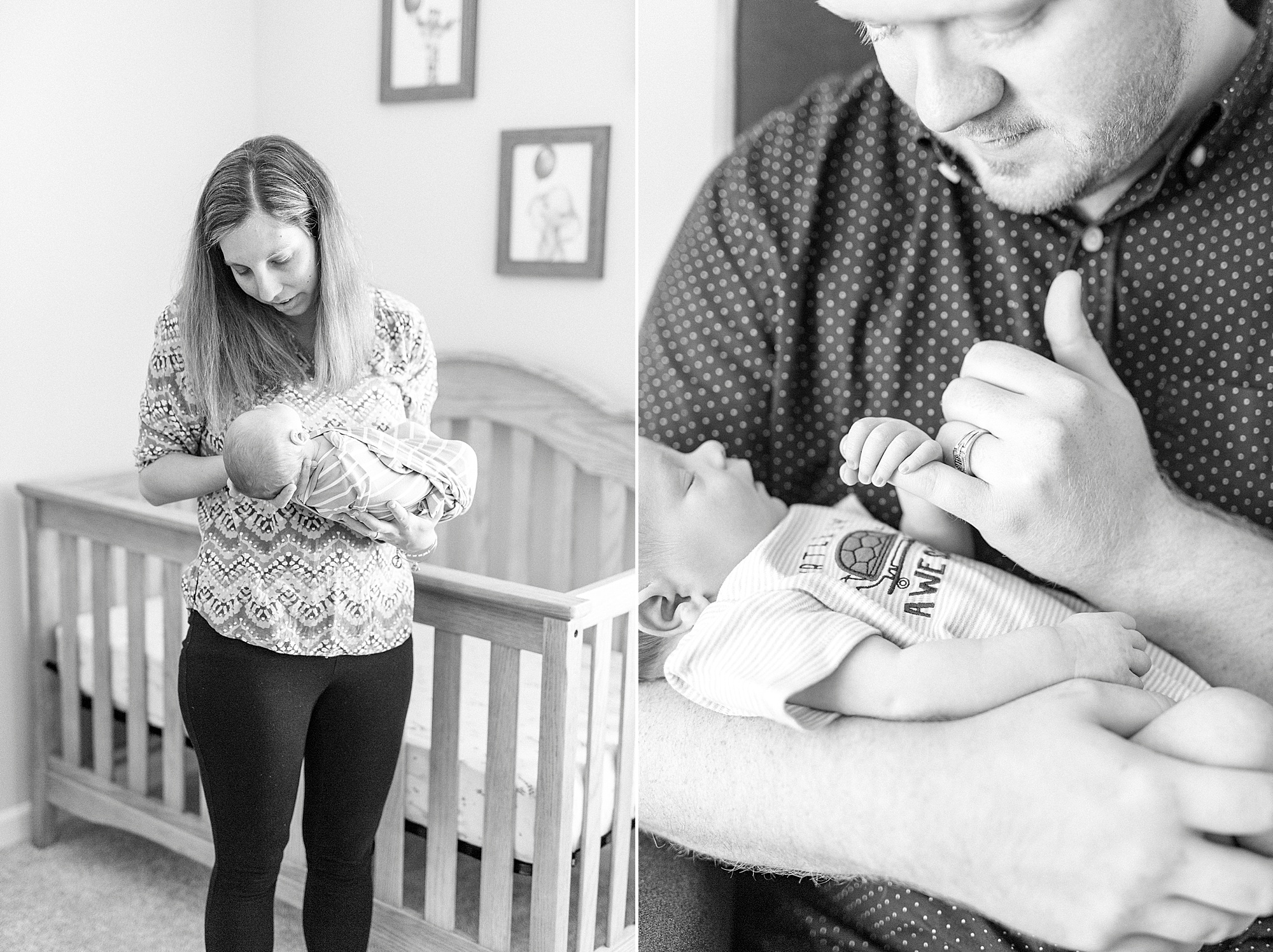 parents hold baby boy during newborn photos at home