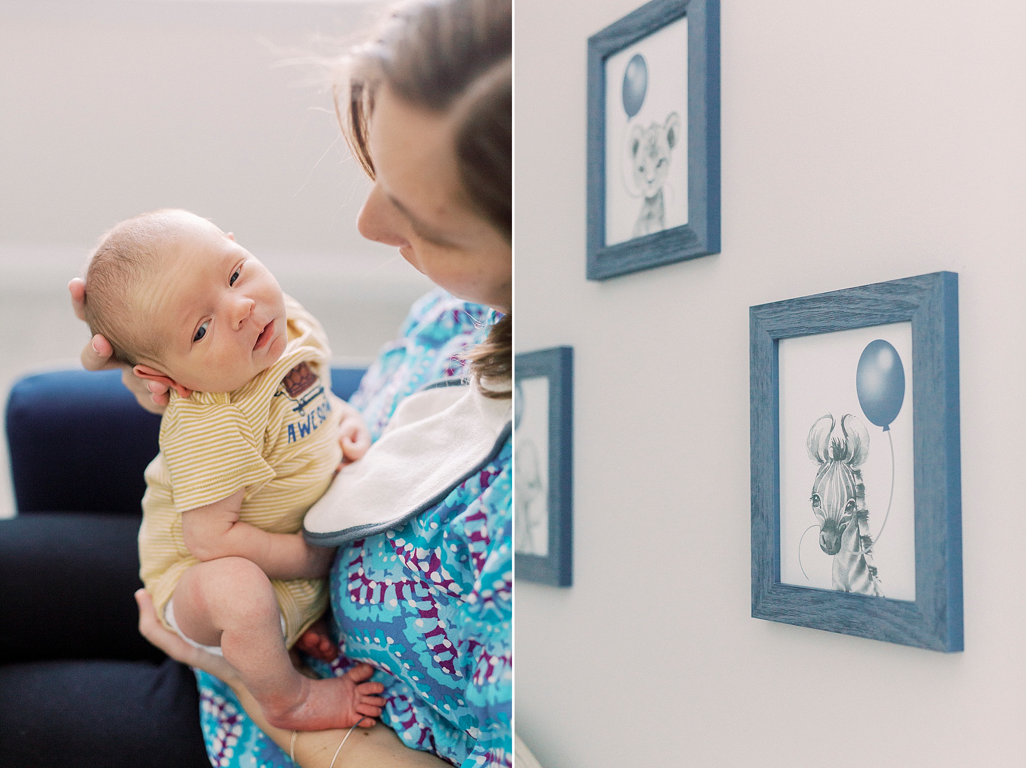mom holds son in nursery during newborn photos at home
