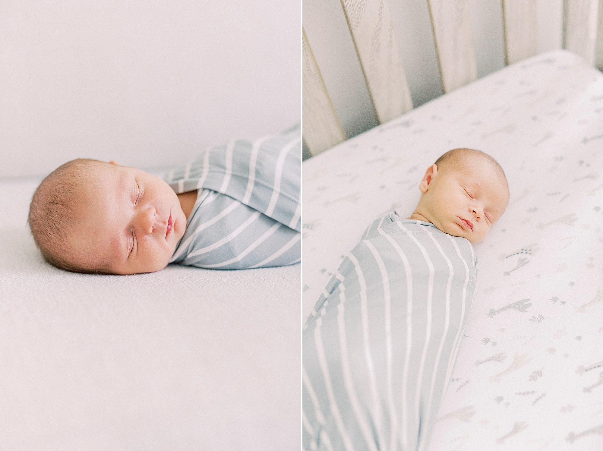 lifestyle newborn session for baby boy in blue swaddle