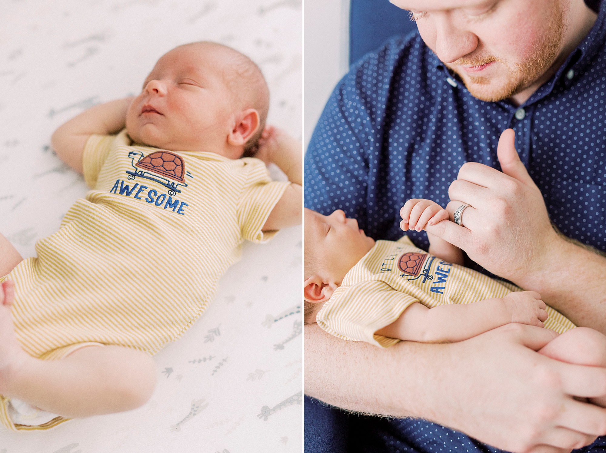 baby boy holds dad's finger during lifestyle newborn session