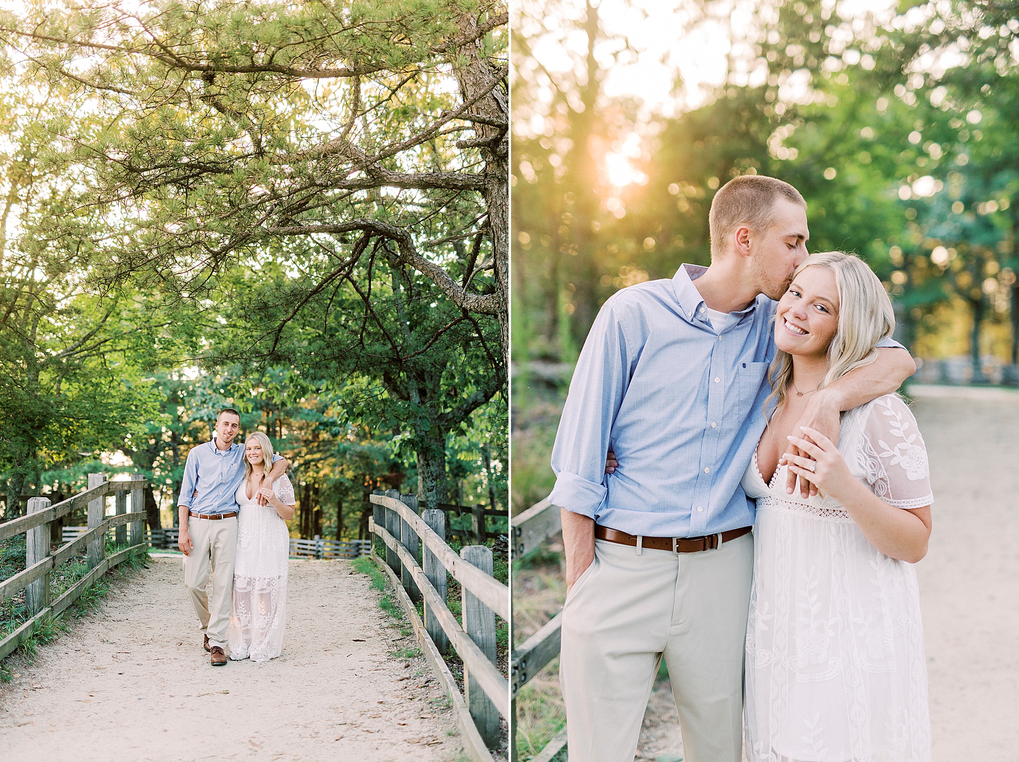 engaged couple walks over bridge during Mount Airy engagement session
