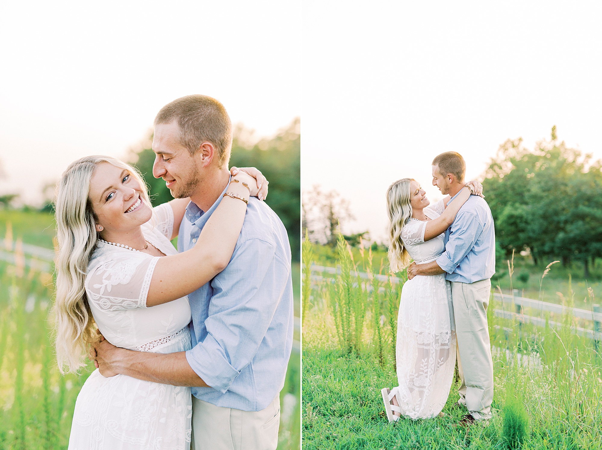 engaged couple poses in tall grass during Mount Airy engagement session
