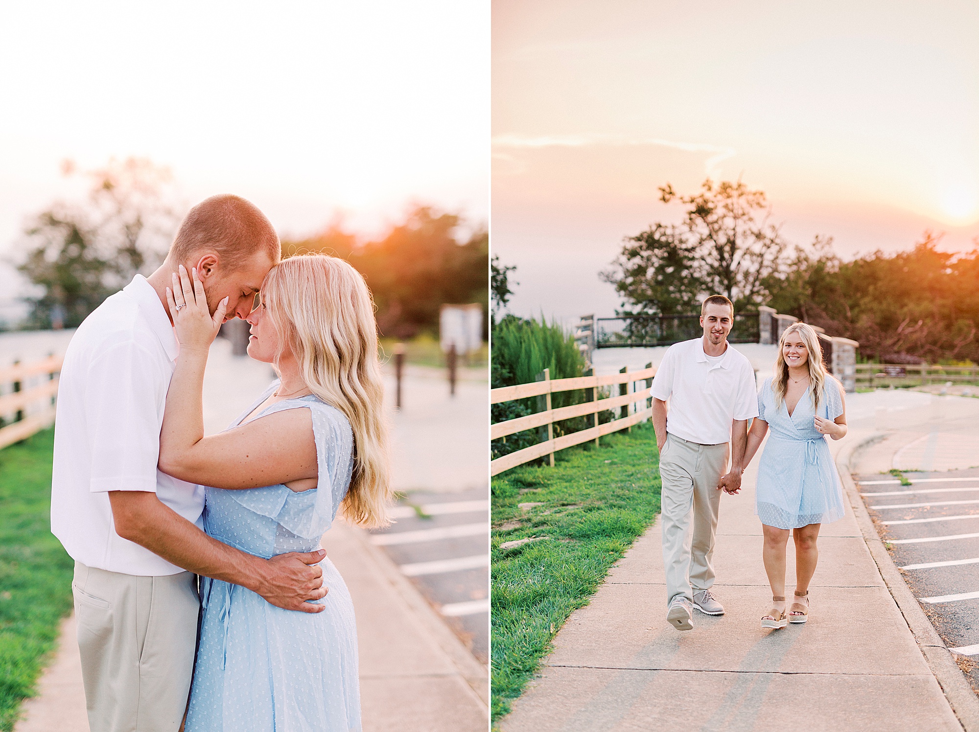 couple walks on pathway during Mount Airy engagement session