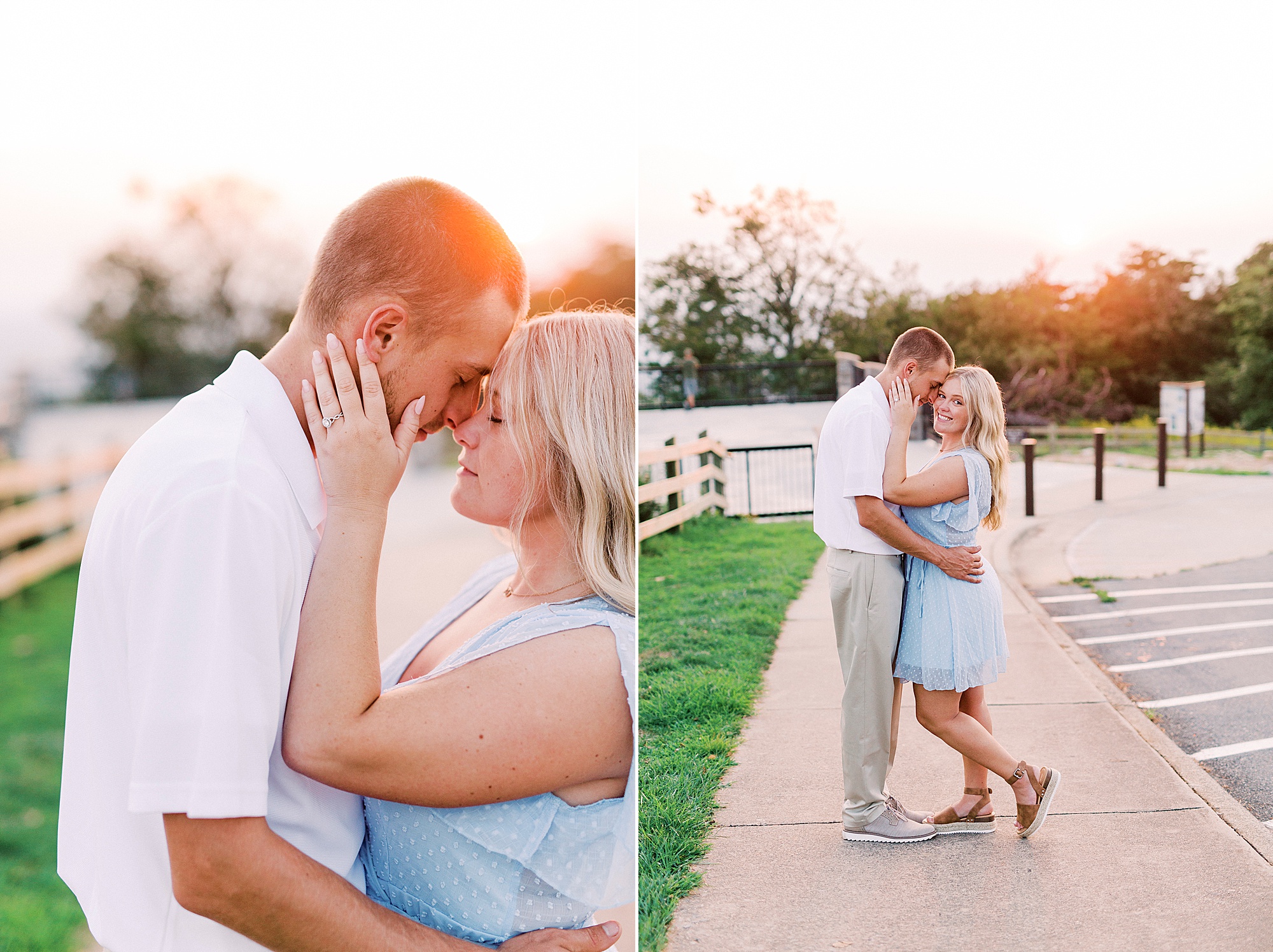 bride and groom pose on walkway during sunset