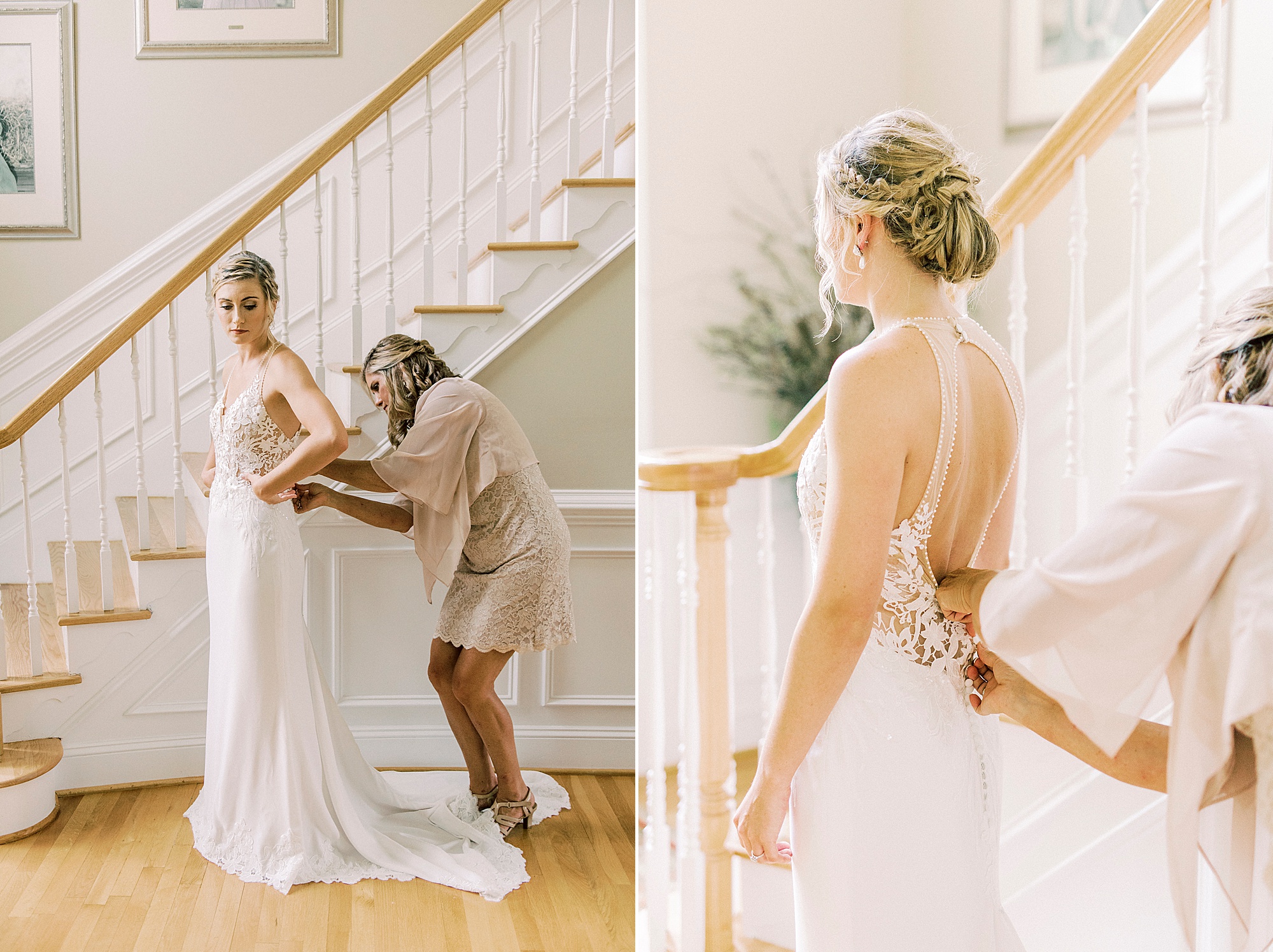 mother helps bride with wedding dress