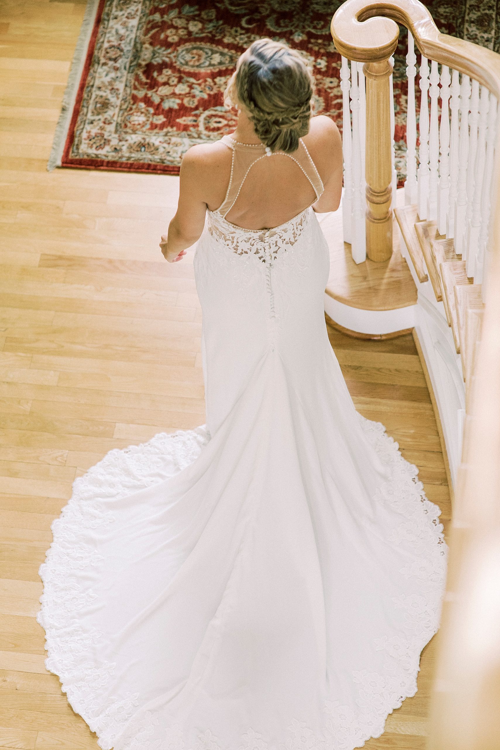 bridal portrait of bride by staircase