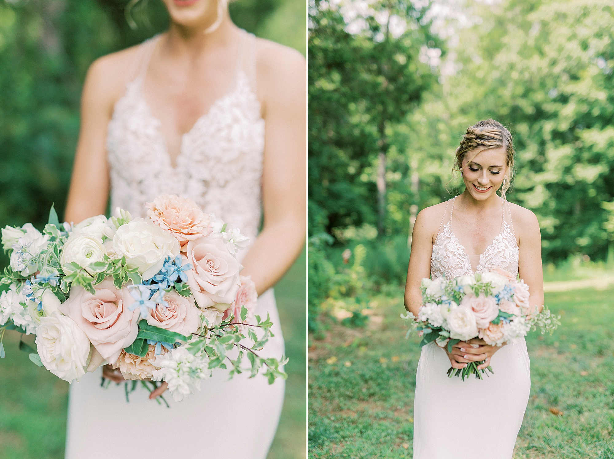 bride holds bouquet of pink and blue flowers