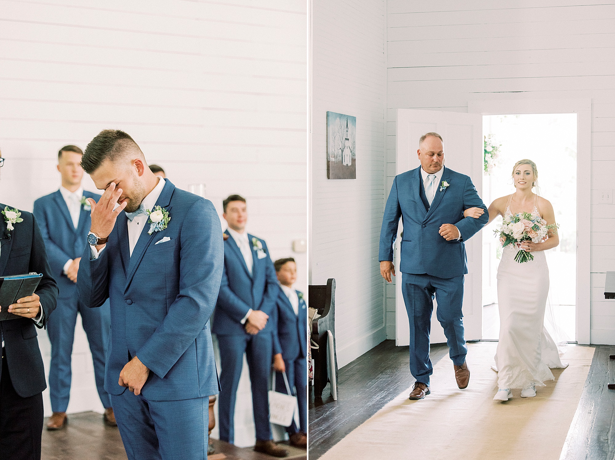 groom cries when bride enters traditional church wedding in Winston-Salem NC