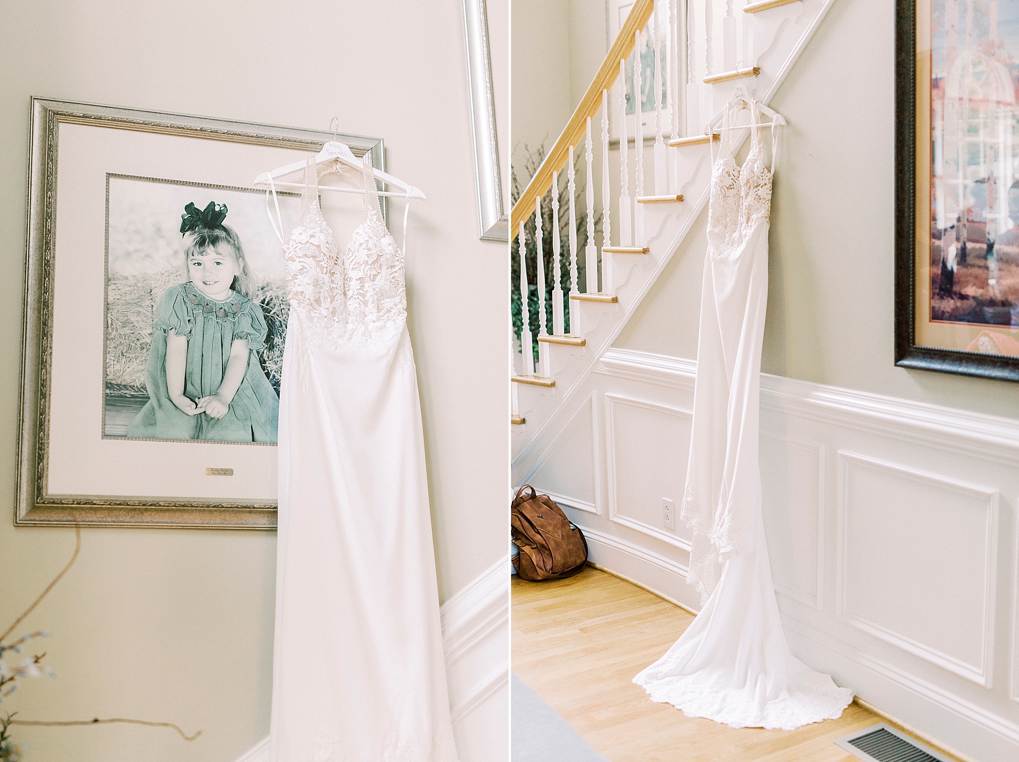 bride's wedding dress hangs in childhood home