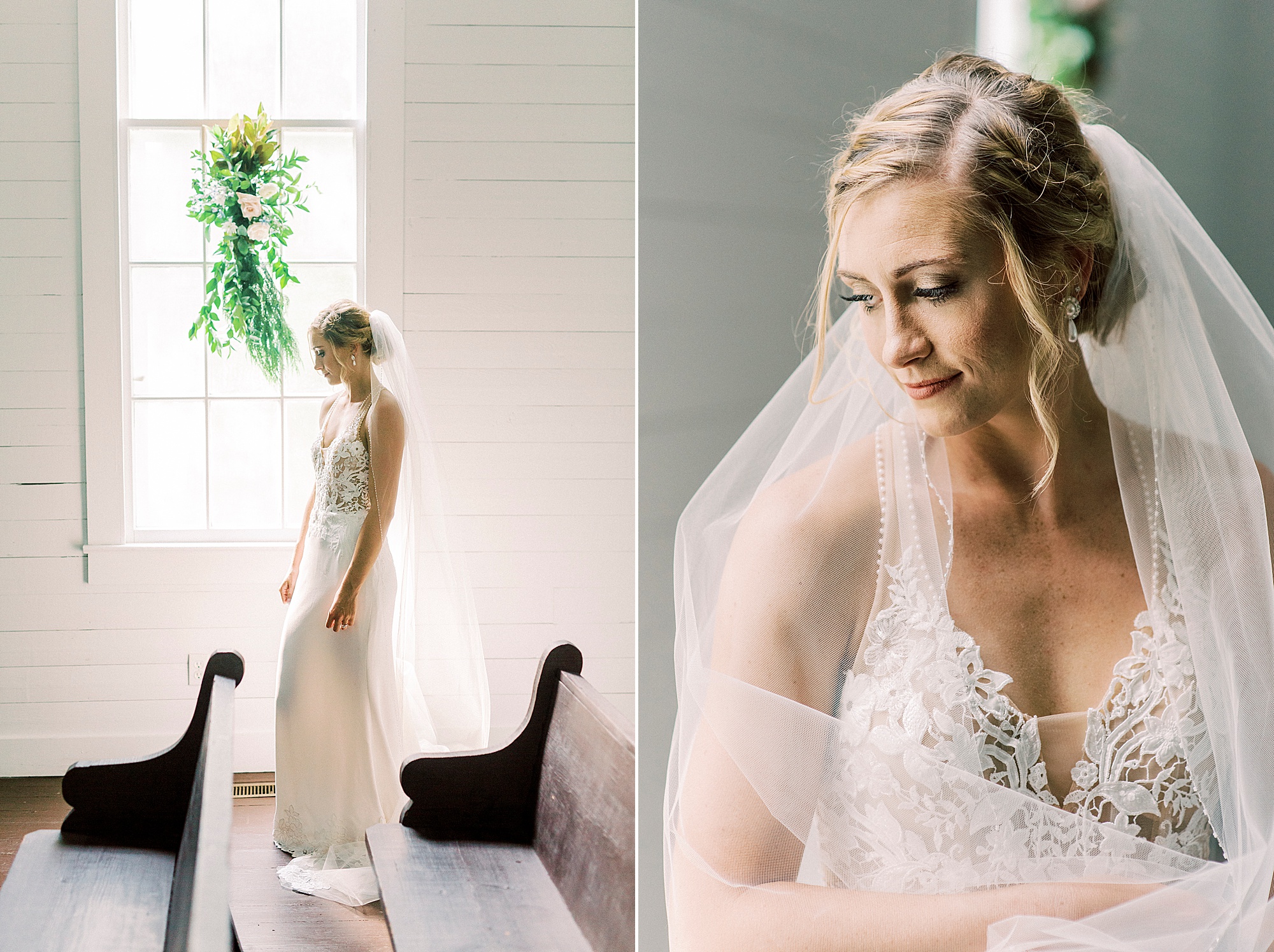 church bridal portraits for bride with veil around shoulders