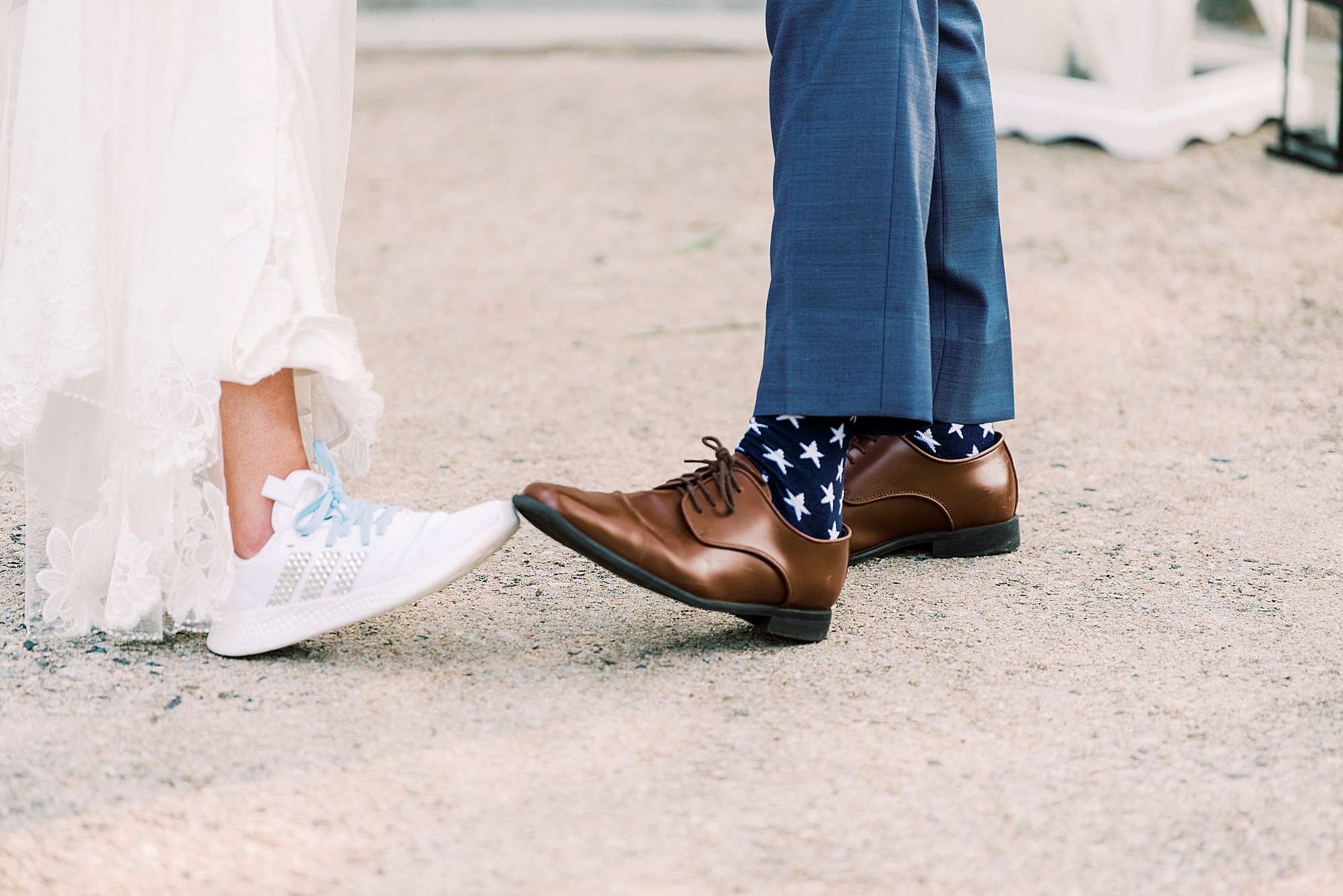 newlyweds show off custom socks and shoes