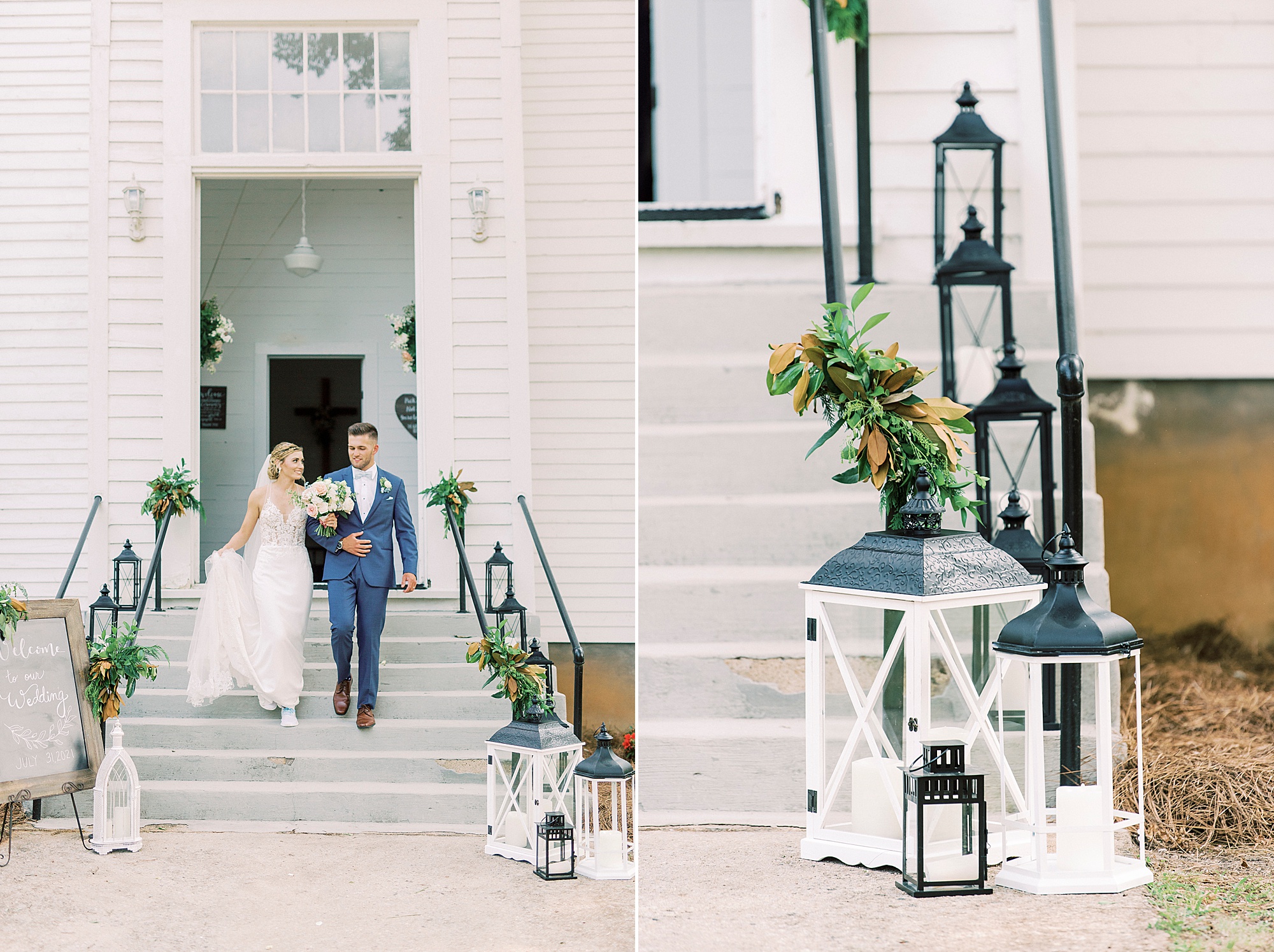 newlyweds walk down steps of white church