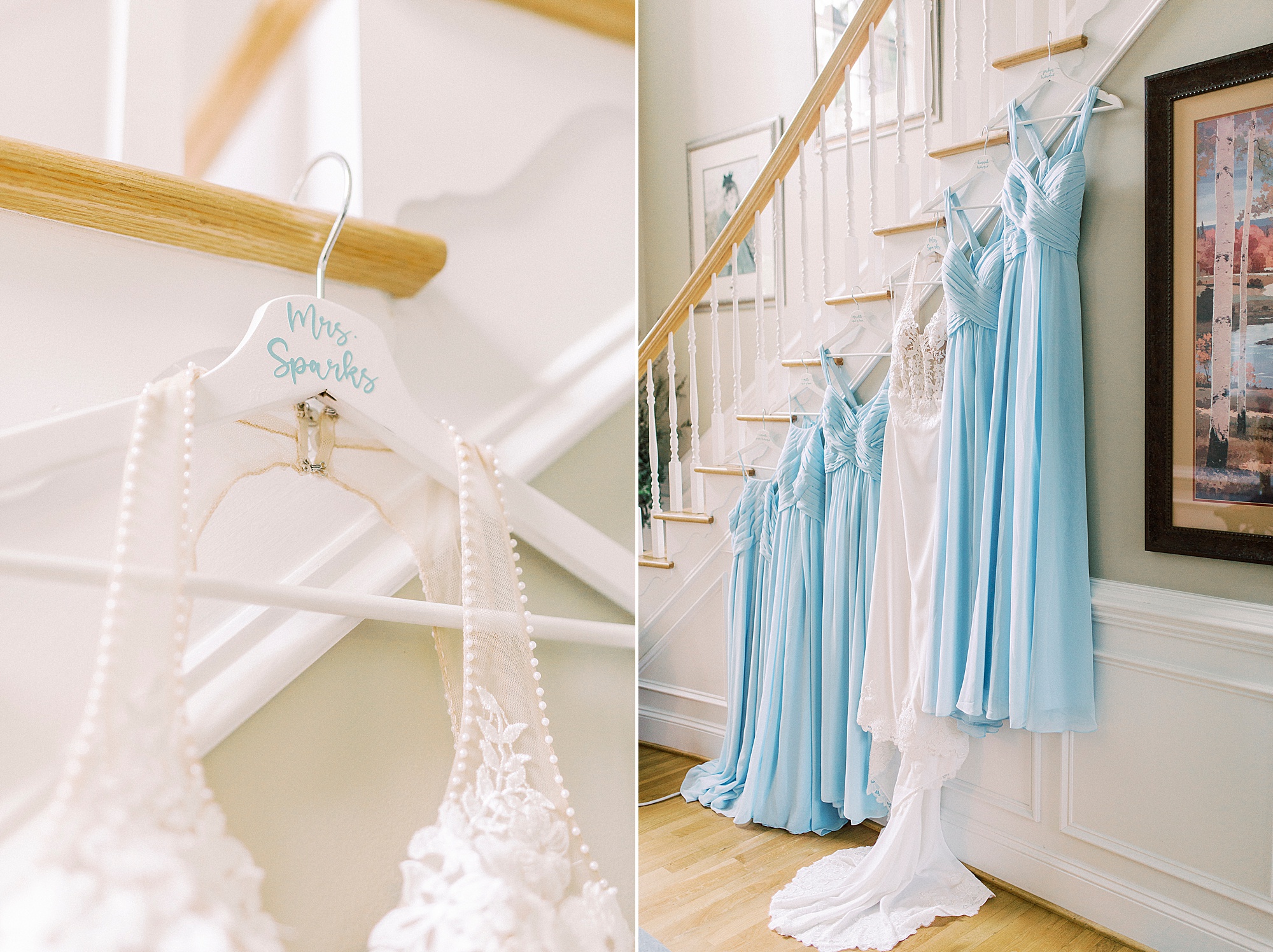 wedding dress hangs on staircase in home