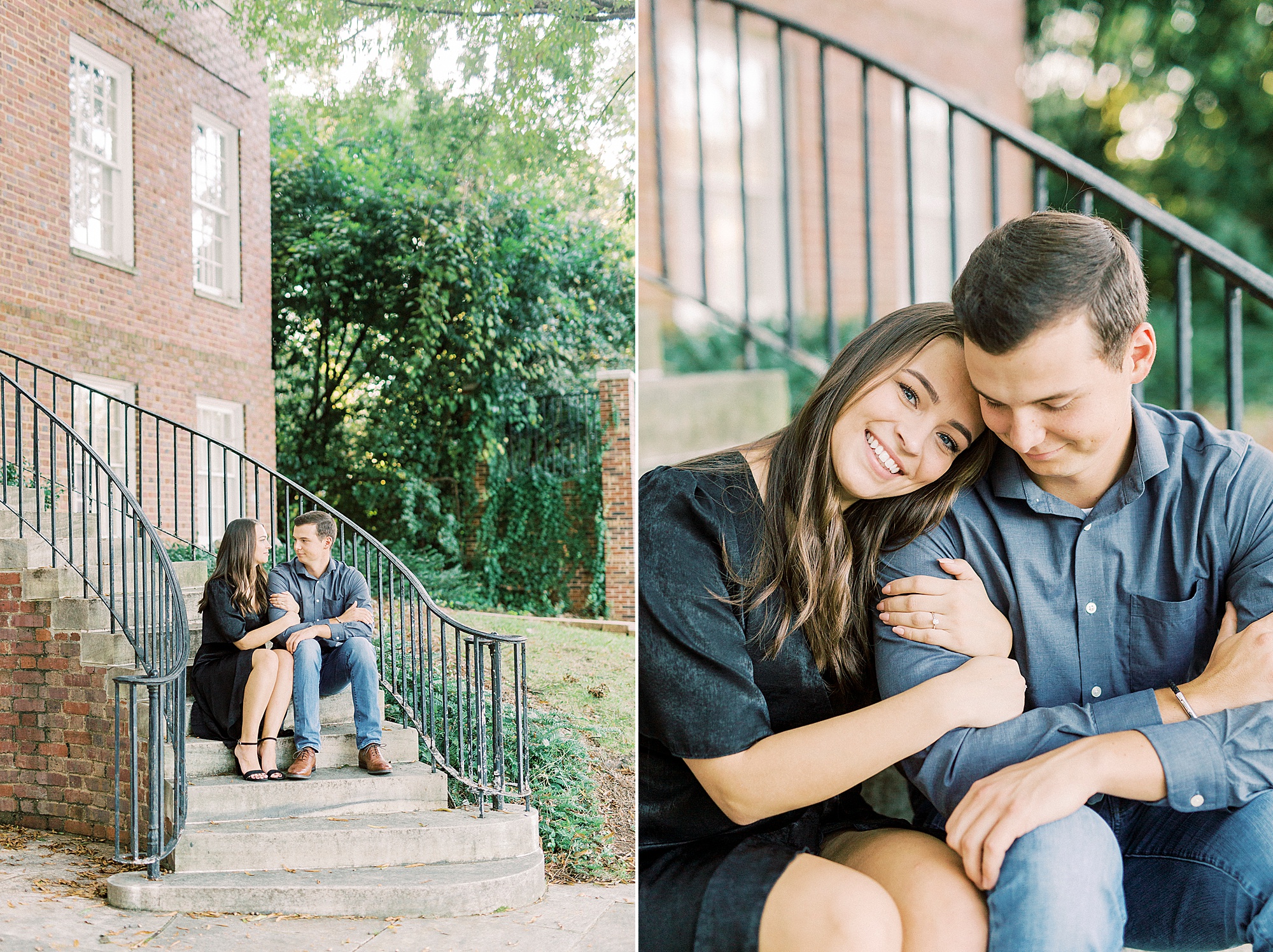 couple sits on steps in Concord NC during engagement photos