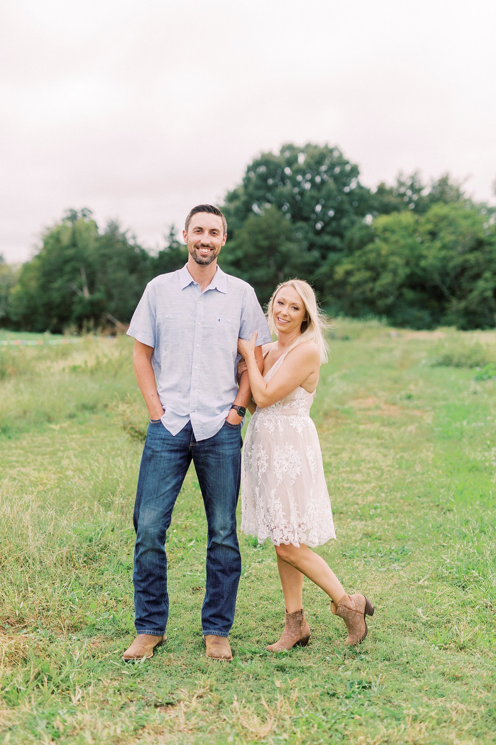 bride and groom pose together during Hodges Family Farm engagement session
