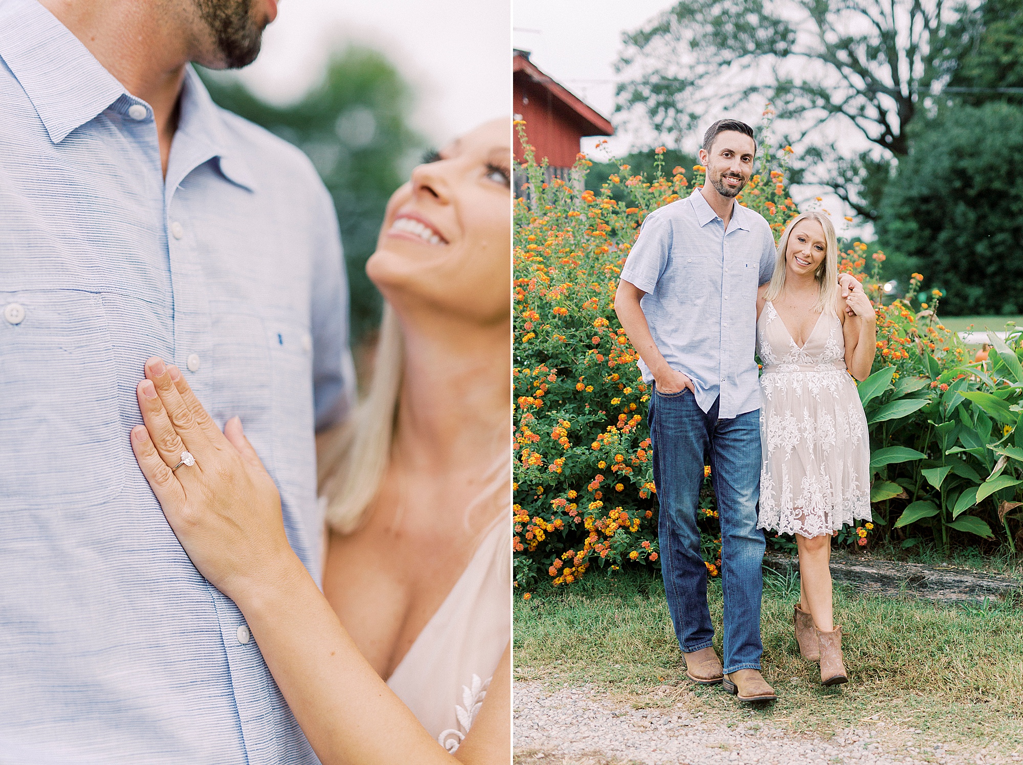 bride and groom hug during Charlotte NC engagement session at Hodges Family Farm