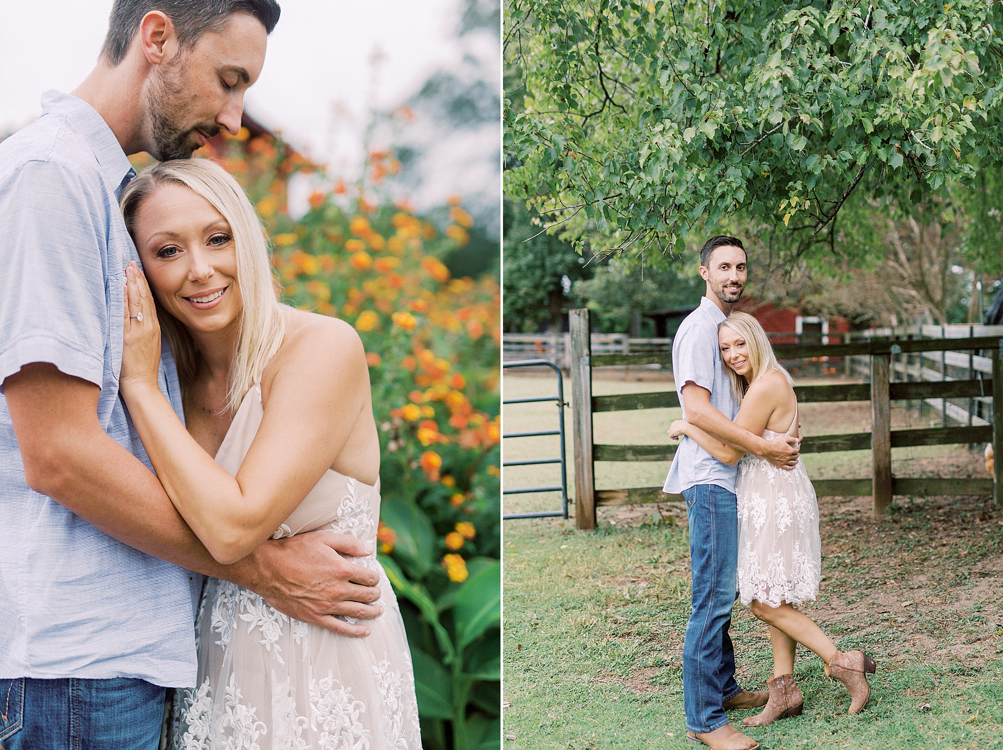 bride and groom hug during farm engagement photos