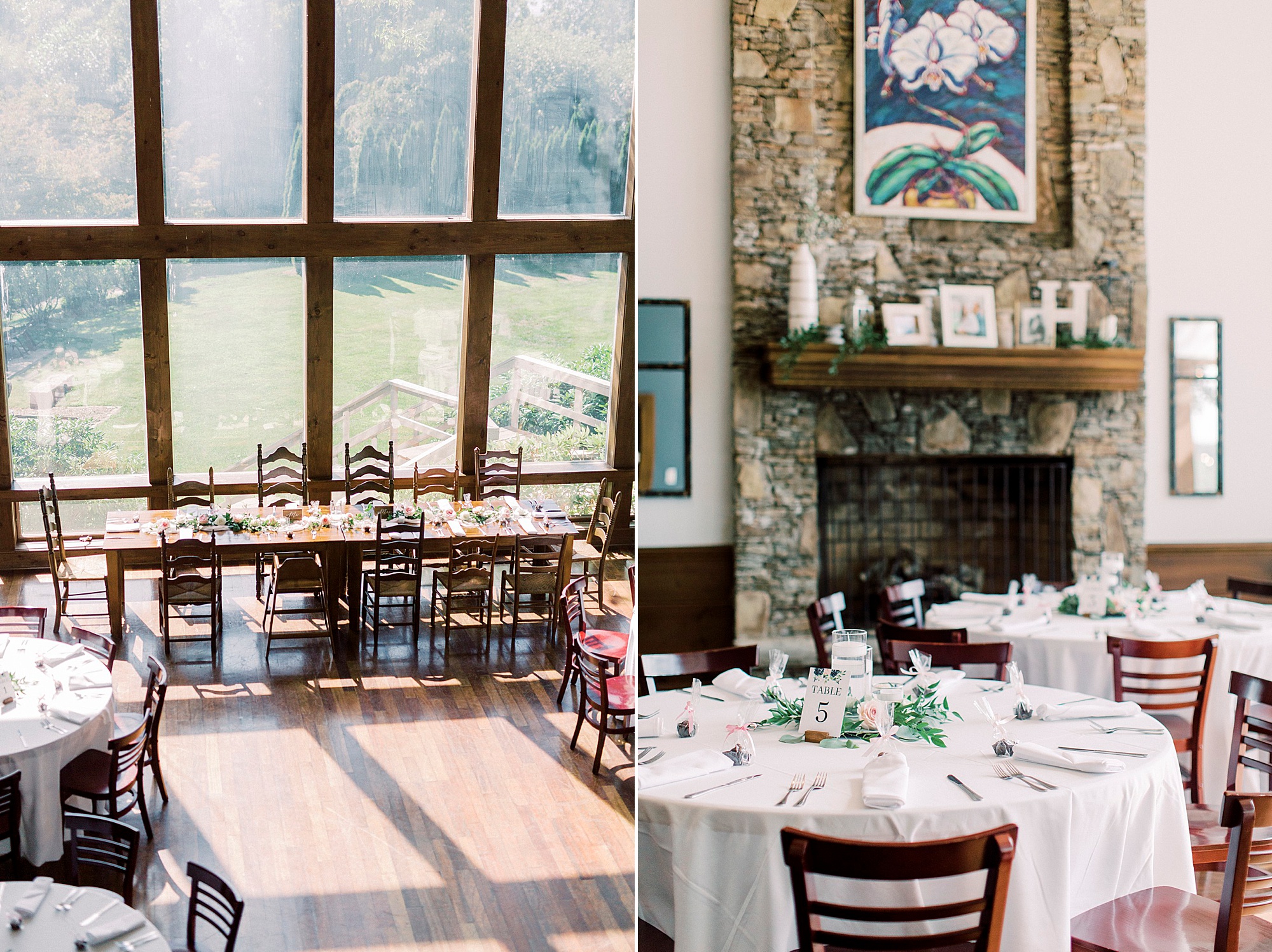 The Inn at Crestwood wedding reception details by stone fireplace