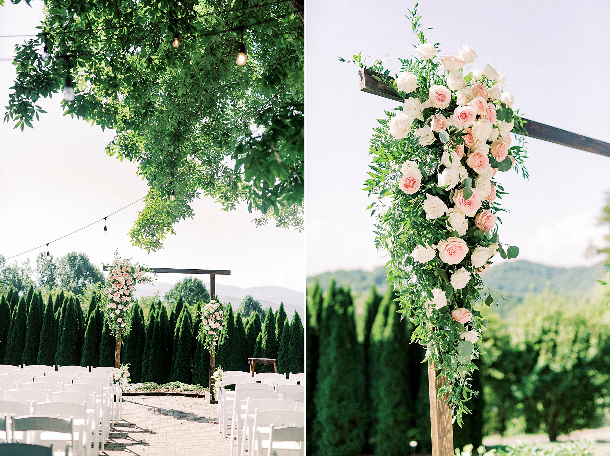 outdoor wedding ceremony with wooden arbor and cross covered in pink and white roses