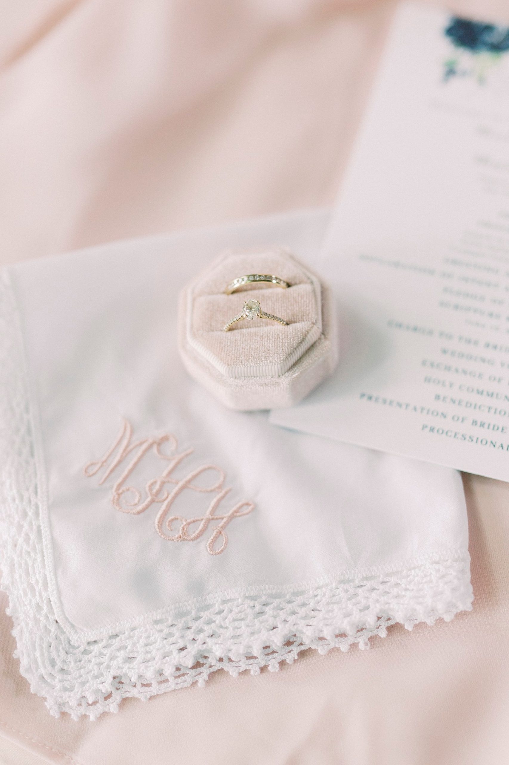 wedding ring rests on handkerchief