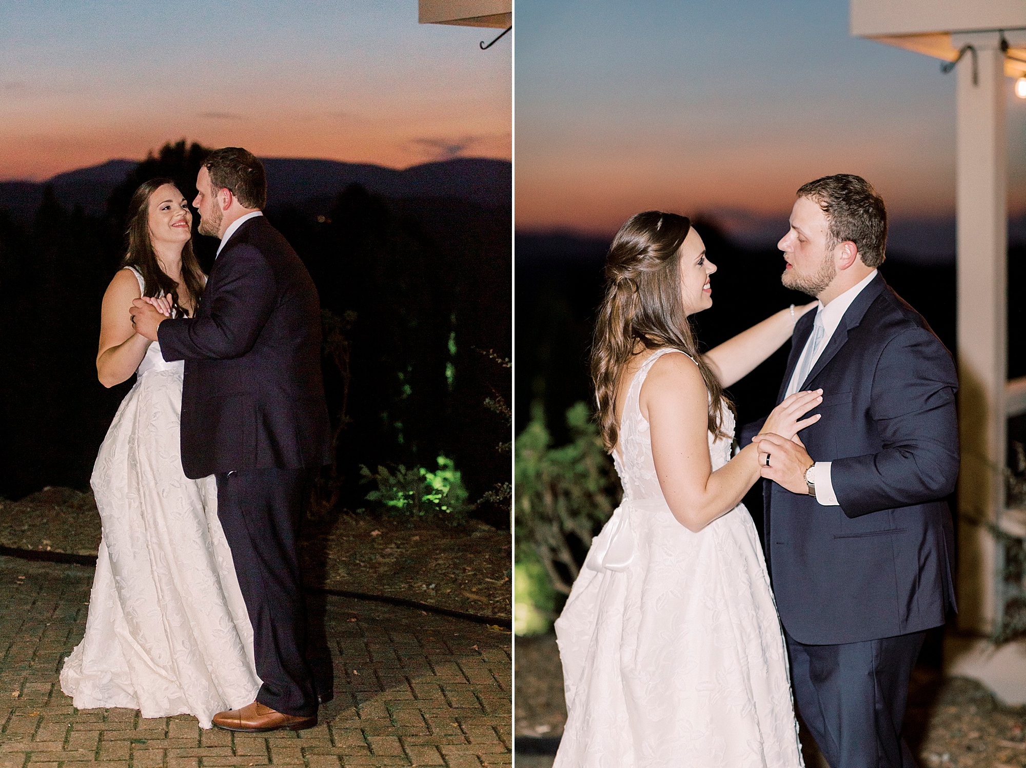 bride and groom dance set sunset during Blowing Rock NC wedding reception