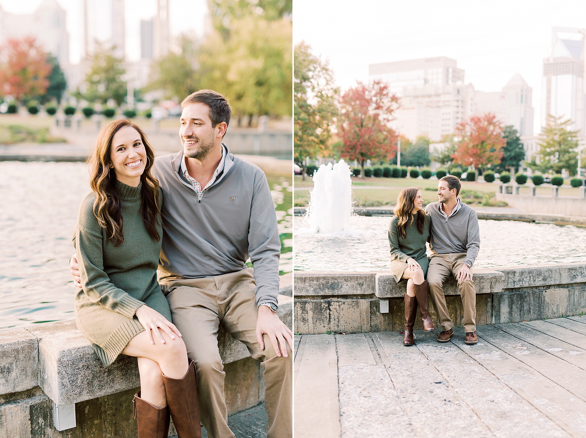 Marshall Park engagement session along fountain